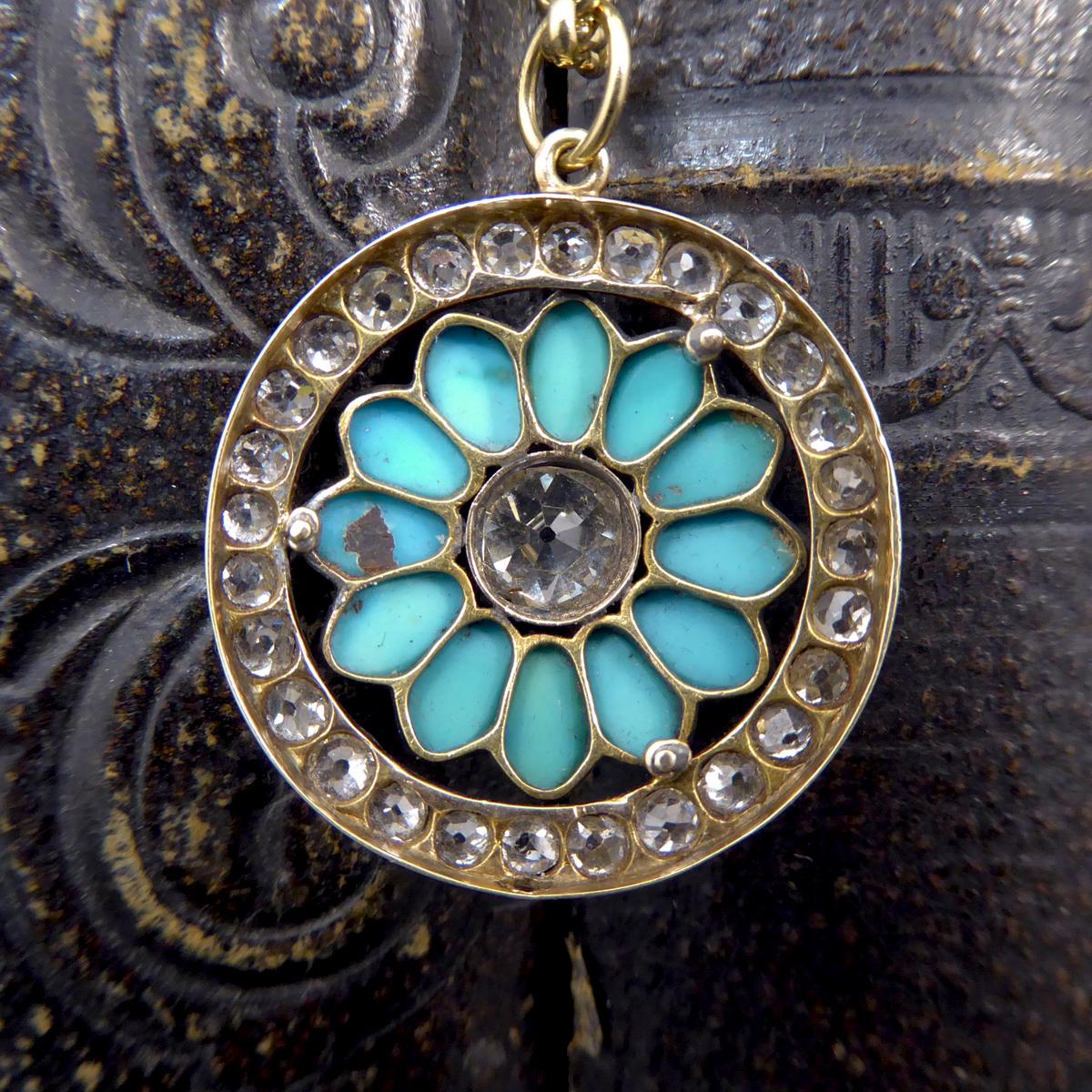 Cushion Cut Antique Victorian Diamond and Turquoise Flower Pendant on Yellow Gold Chain