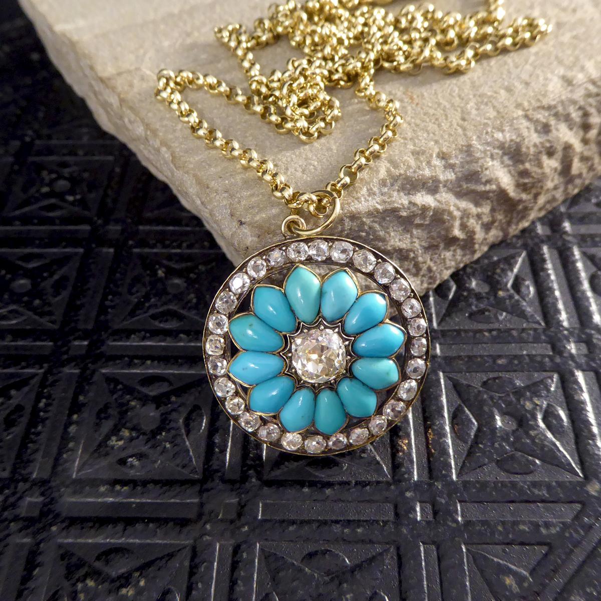 Antique Victorian Diamond and Turquoise Flower Pendant on Yellow Gold Chain In Good Condition In Yorkshire, West Yorkshire