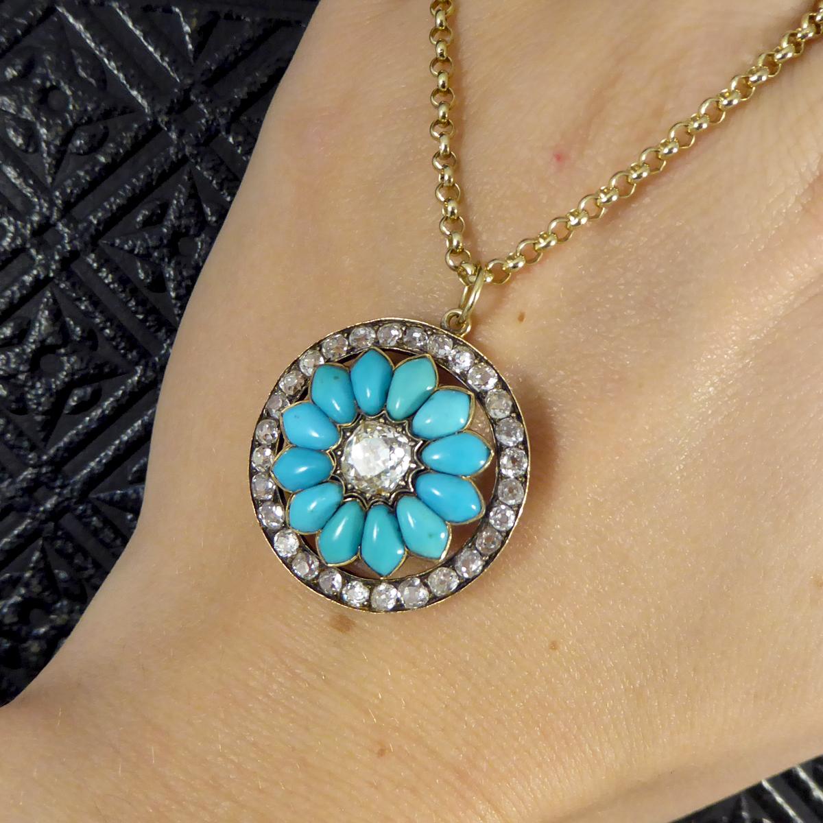 Antique Victorian Diamond and Turquoise Flower Pendant on Yellow Gold Chain 2