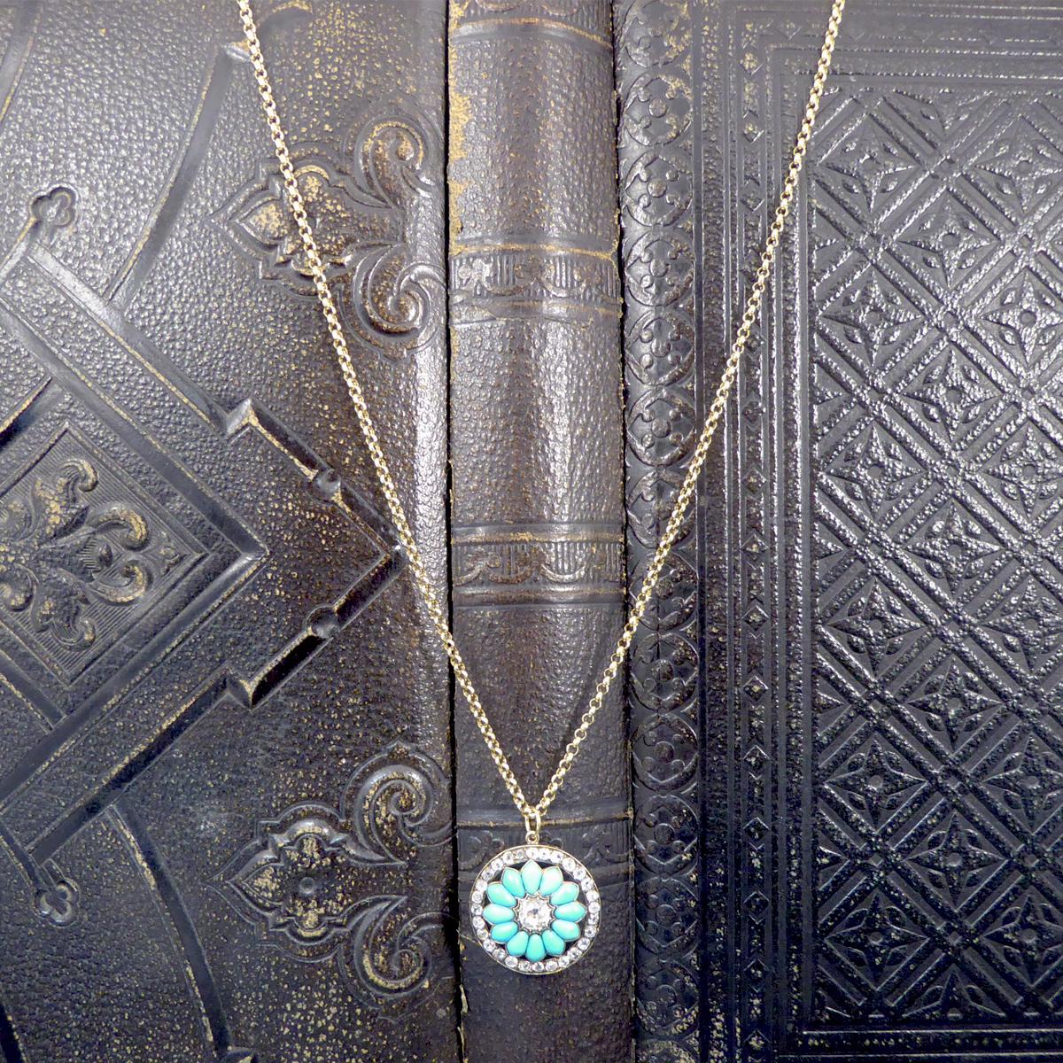 Antique Victorian Diamond and Turquoise Flower Pendant on Yellow Gold Chain 3