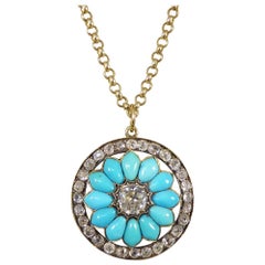 Antique Victorian Diamond and Turquoise Flower Pendant on Yellow Gold Chain