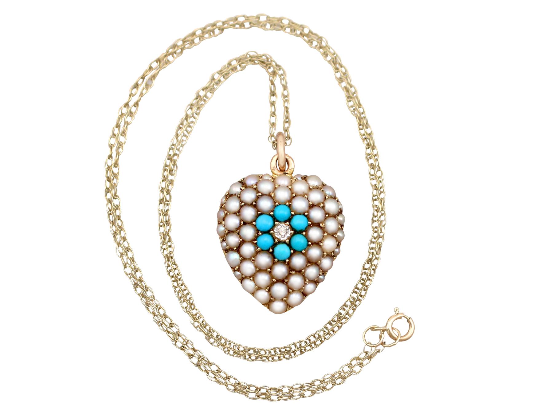 An impressive antique 1860s Victorian 0.03Ct diamond and turquoise, seed pearl and 14k yellow gold heart pendant; part of our diverse antique jewelry collections.

This fine and impressive turquoise and pearlheart pendant has been crafted in 14k