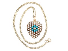 Antique Victorian Diamond and Turquoise Pearl and Yellow Gold Heart Pendant