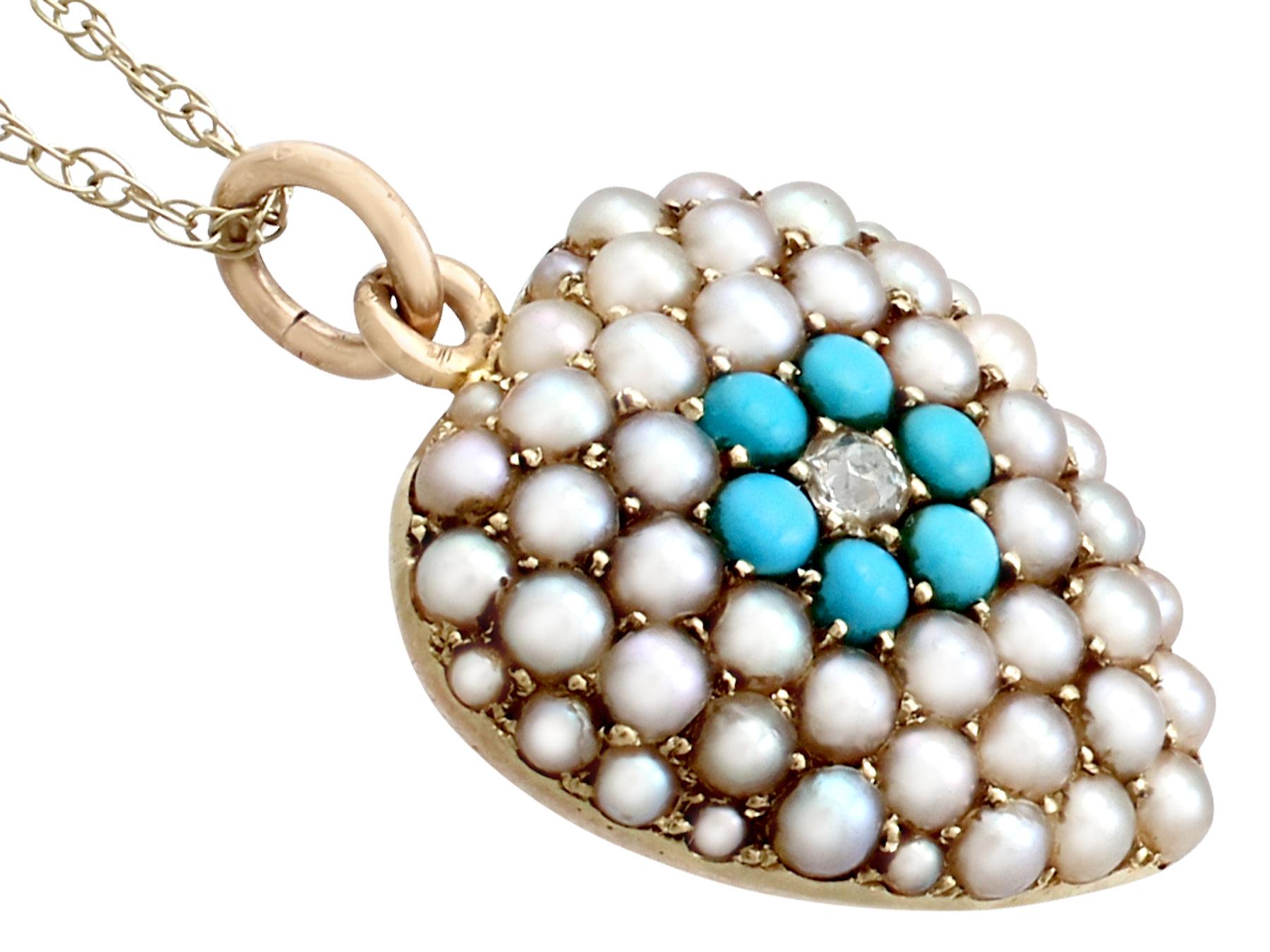 Old European Cut Antique Victorian Diamond and Turquoise Pearl and Yellow Gold Heart Pendant