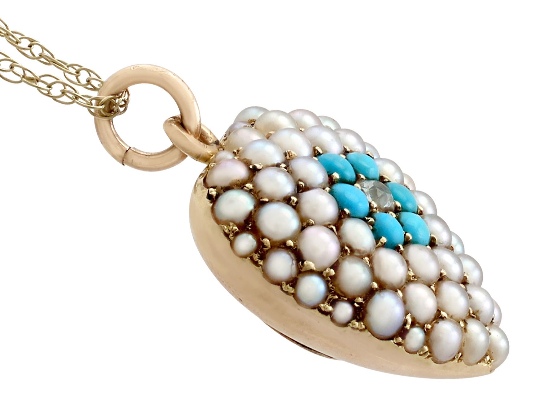 Antique Victorian Diamond and Turquoise Pearl and Yellow Gold Heart Pendant In Excellent Condition In Jesmond, Newcastle Upon Tyne