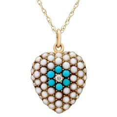 Antique Victorian Diamond and Turquoise Pearl and Yellow Gold Heart Pendant