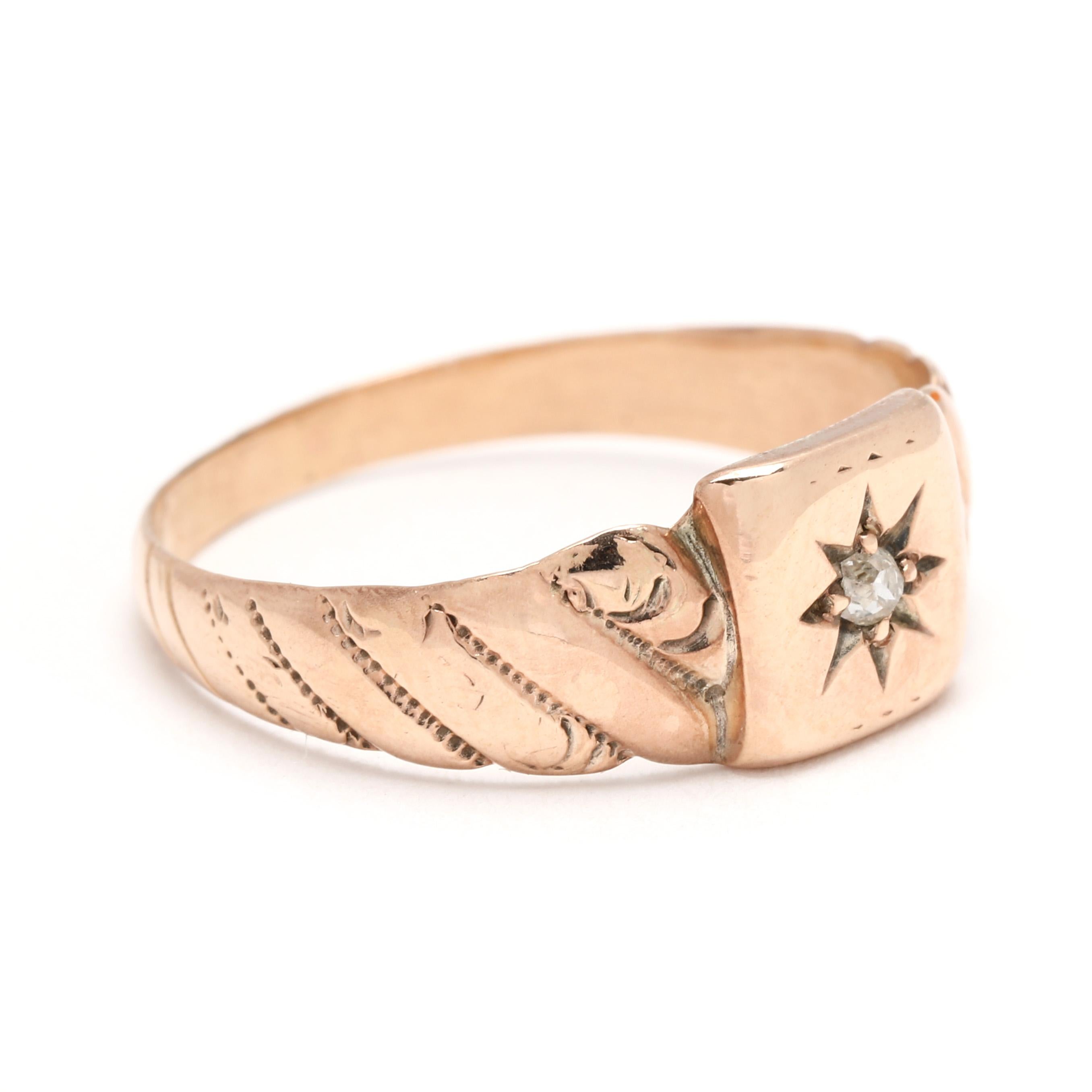 Stones:
diamond, 1 stone
old rose cut

Ring Size 6.75

Length: 7 mm

Weight: 1.2 dwts. / 1.9 grams

Stamps: 10k (tested) *Victorian

A Couple Of Things to Note:
* This is a vintage item and may show signs of wear. It has been cleaned.
* Please feel