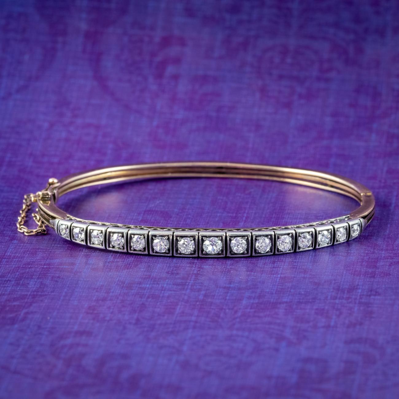 A stunning antique Victorian bangle from the late 19th Century lined with fifteen sparkling old mine cut diamonds along the front with SI1 clarity – H colour. They graduate in size from 0.06 to 0.15ct in the centre and total approx. 1.3ct.

Diamonds