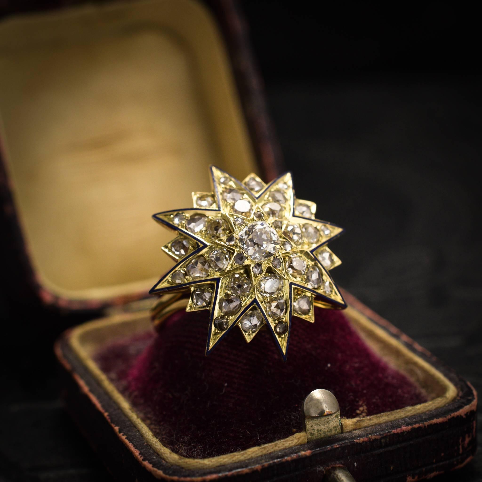 Women's Antique Victorian Diamond Blue Enamel Star Ring