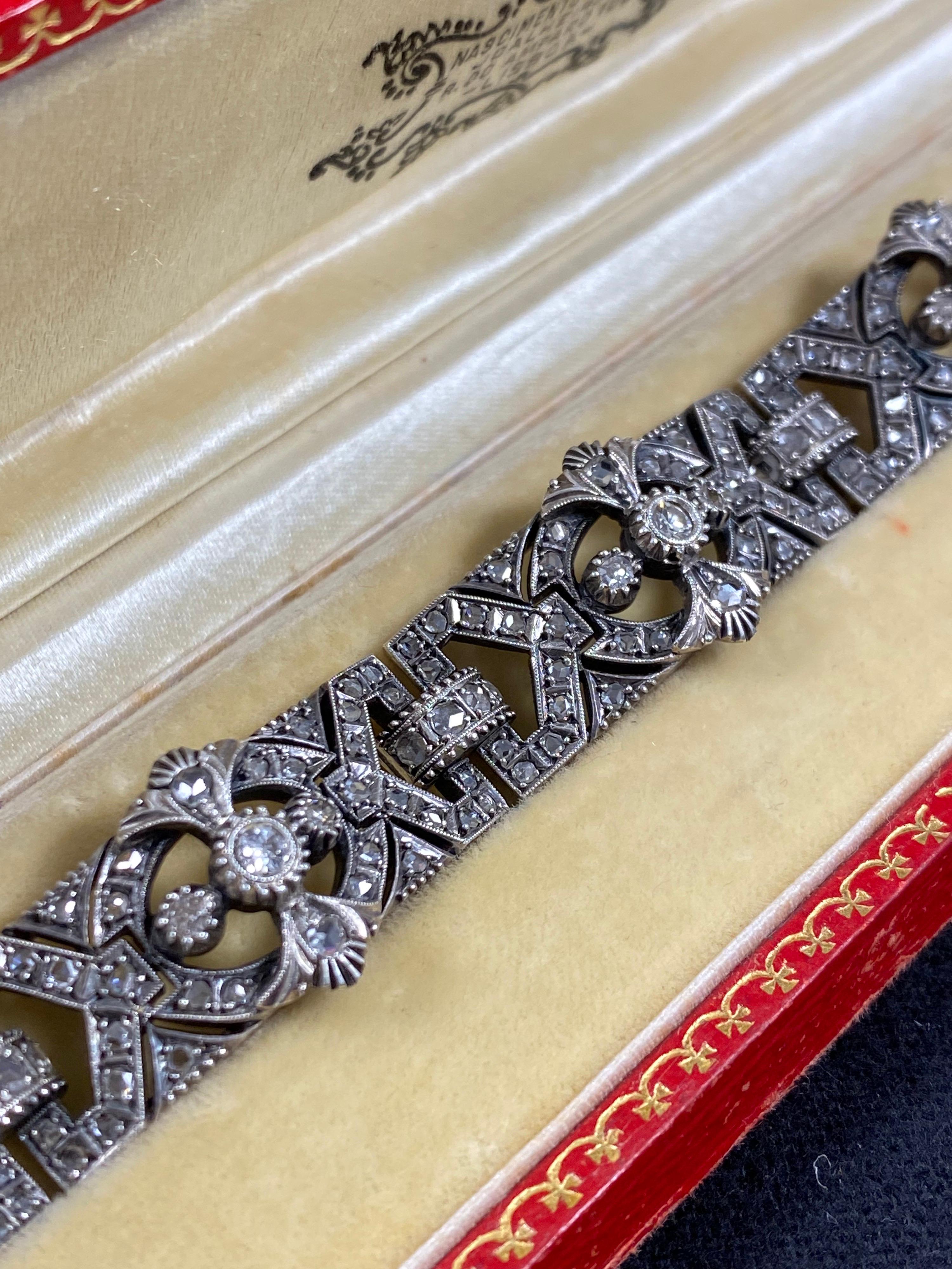 Women's or Men's Antique Victorian Diamond Bracelet Silver Gold Portuguese 19th / 20th Century For Sale