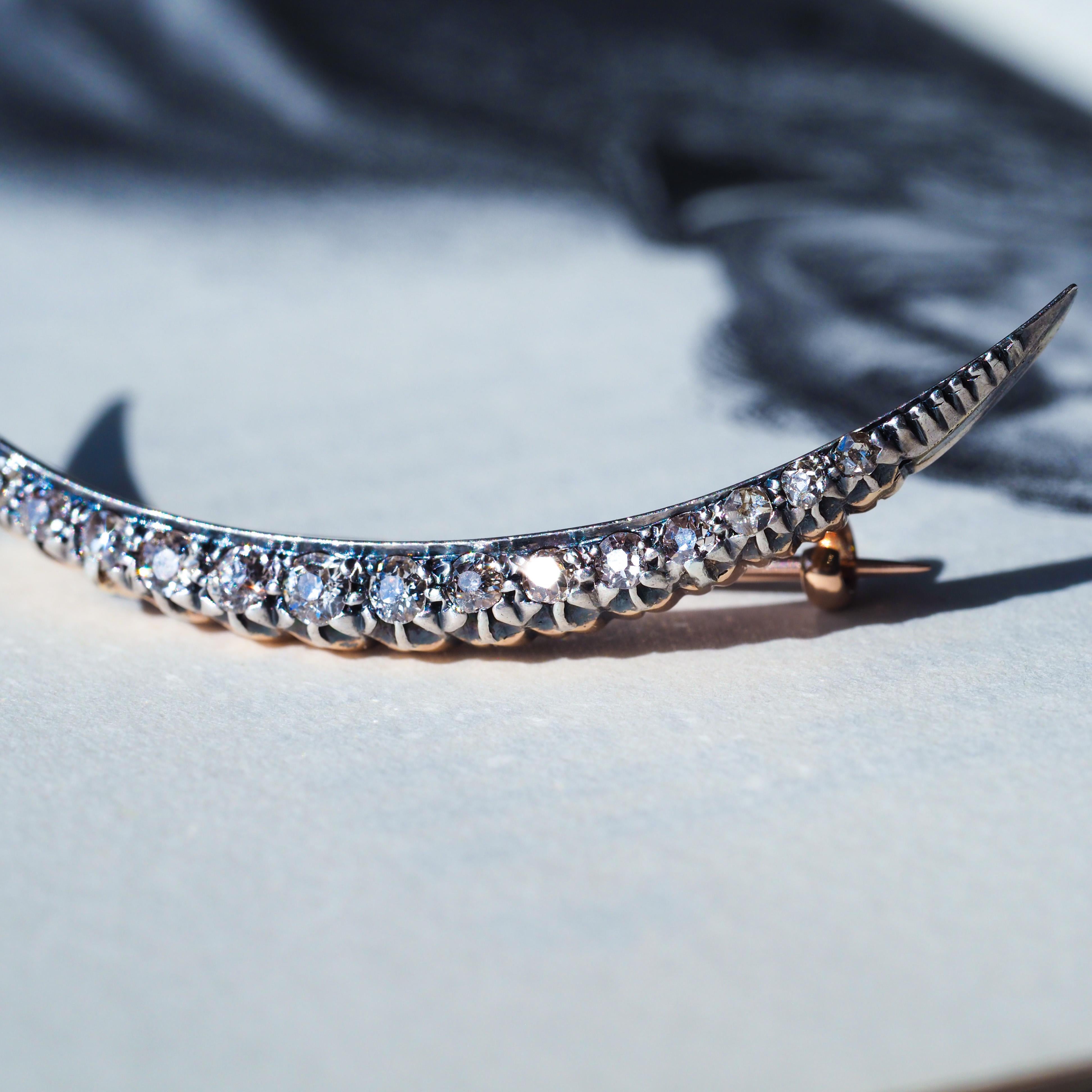 Antique Victorian Diamond Brooch Crescent 14K Gold - c.1890 For Sale 9