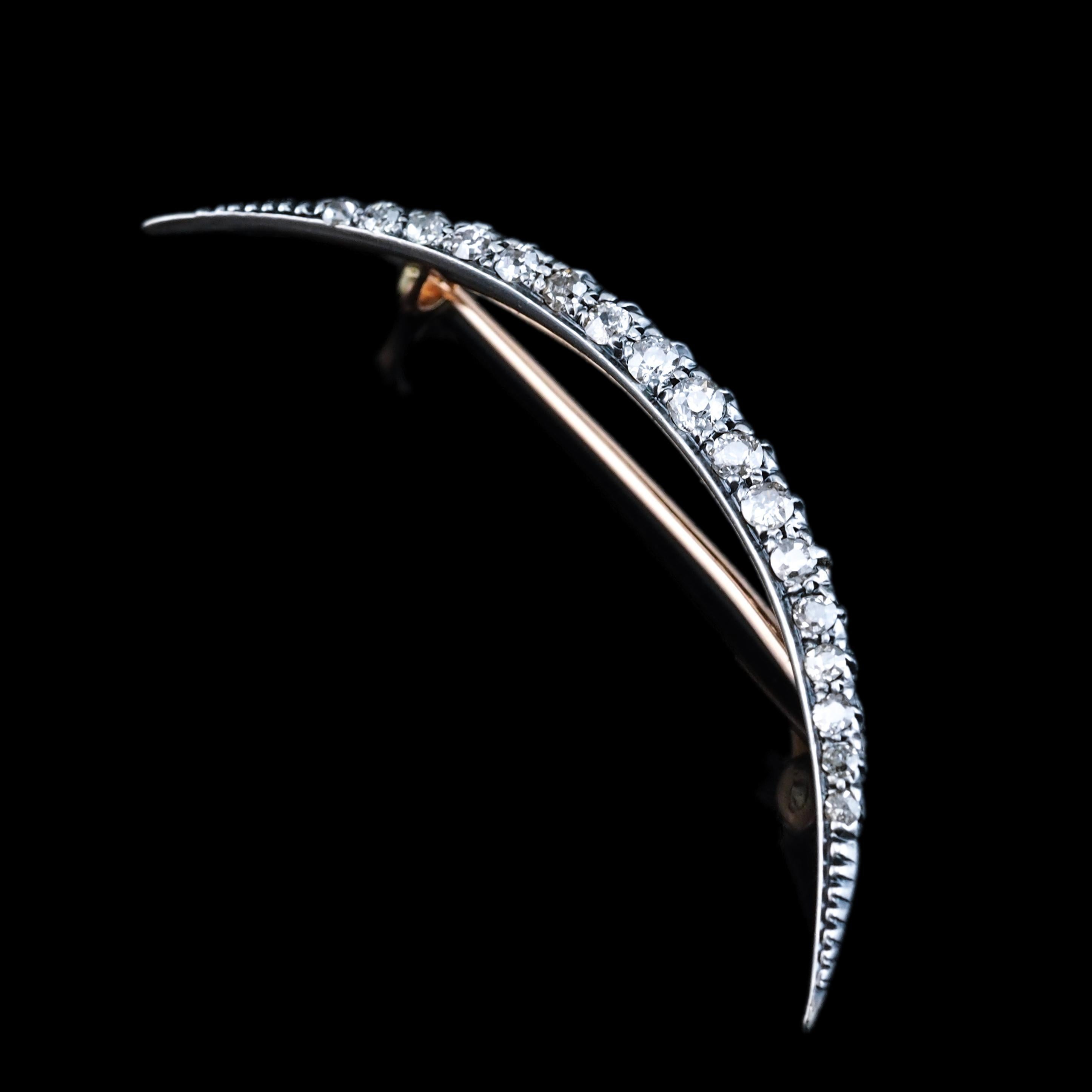 Antique Victorian Diamond Brooch Crescent 14K Gold - c.1890 For Sale 11