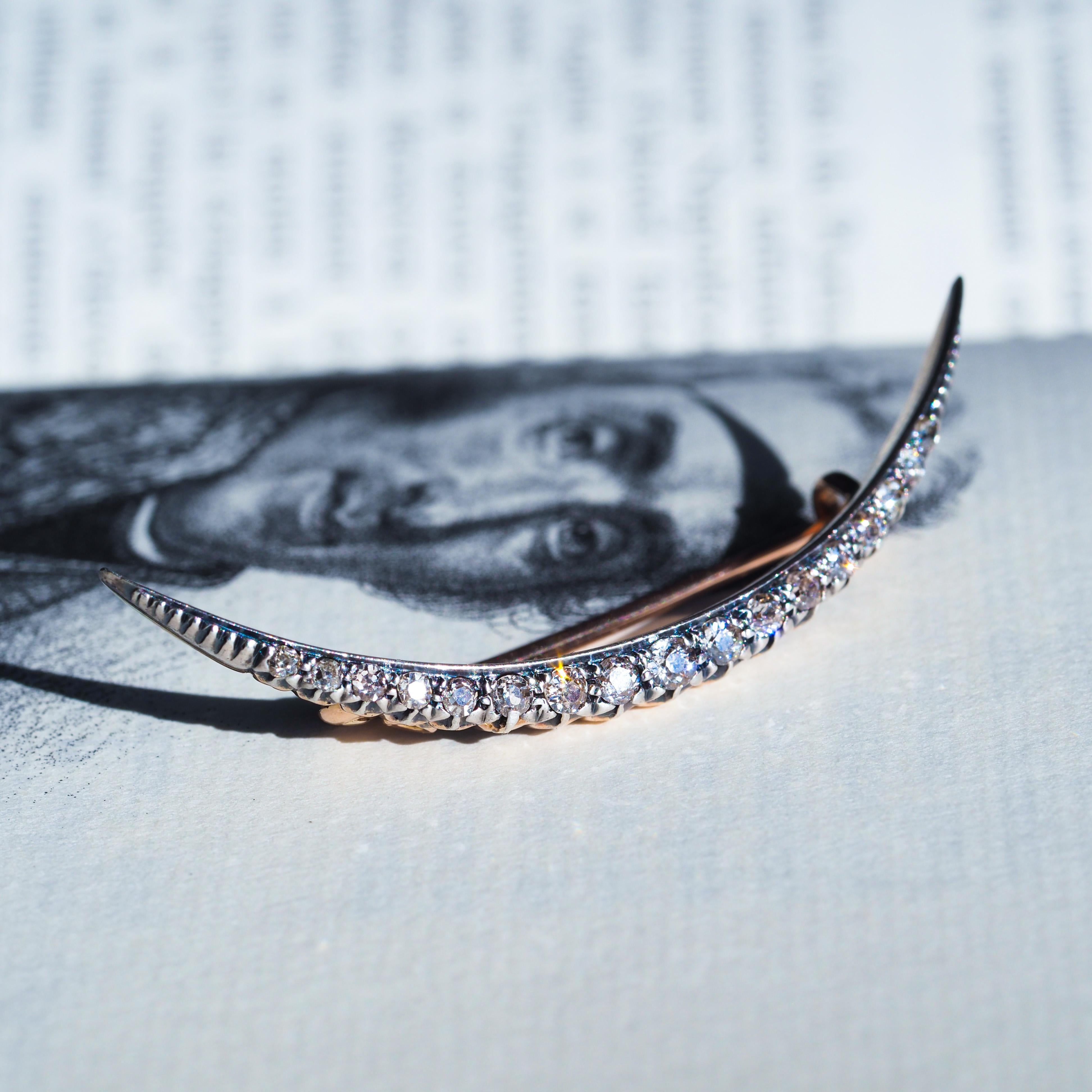 Women's Antique Victorian Diamond Brooch Crescent 14K Gold - c.1890 For Sale