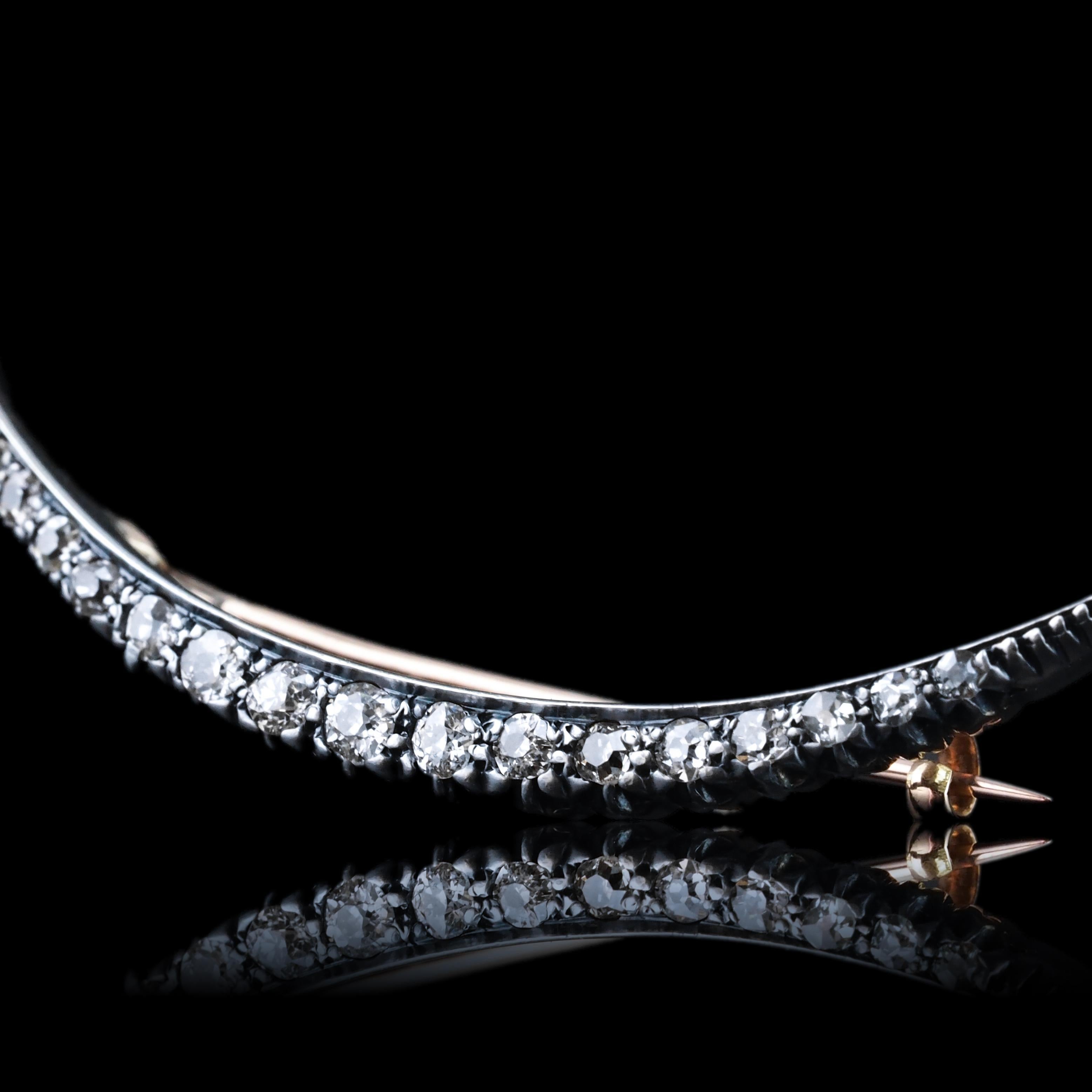 Antique Victorian Diamond Brooch Crescent 14K Gold - c.1890 For Sale 1