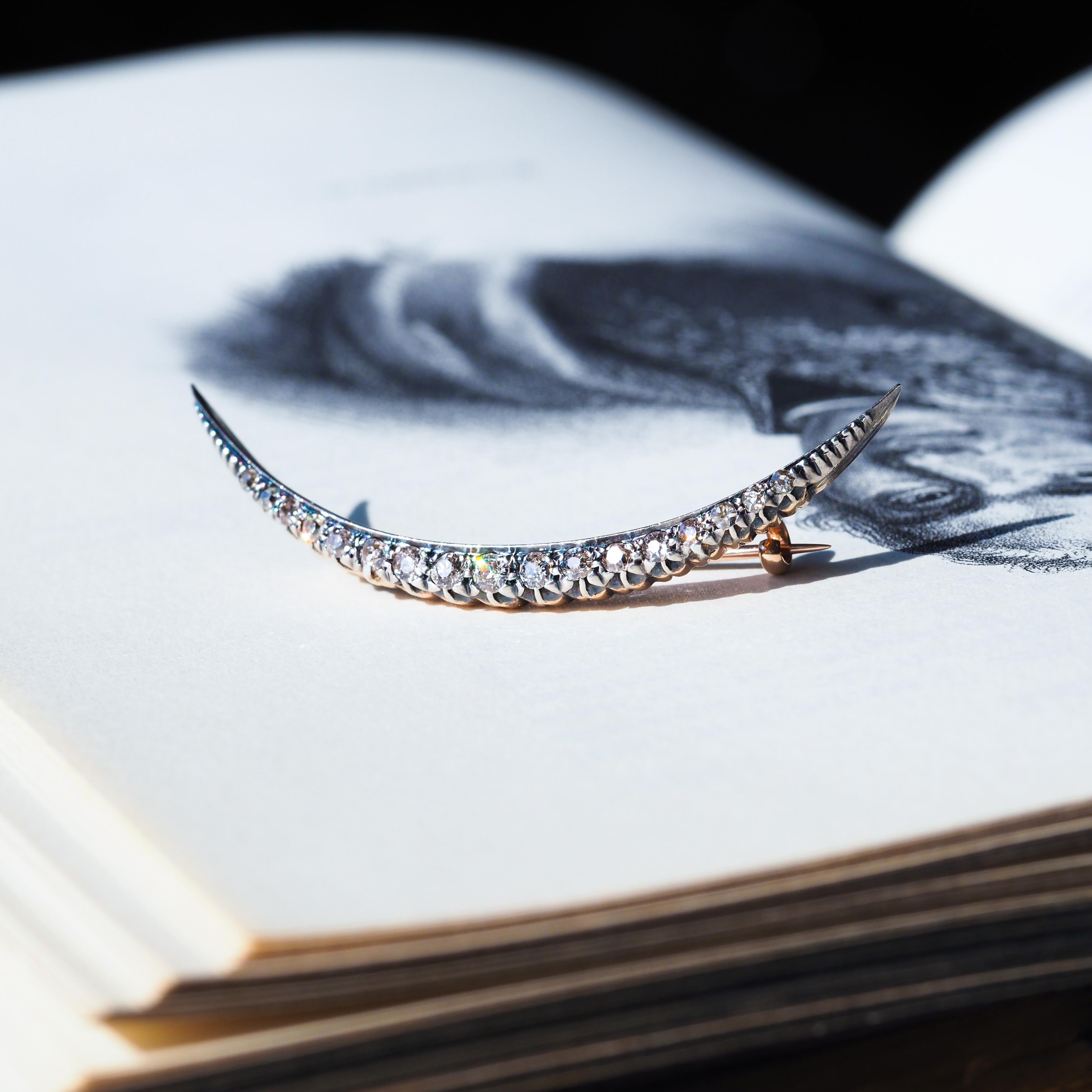 Antique Victorian Diamond Brooch Crescent 14K Gold - c.1890 For Sale 2