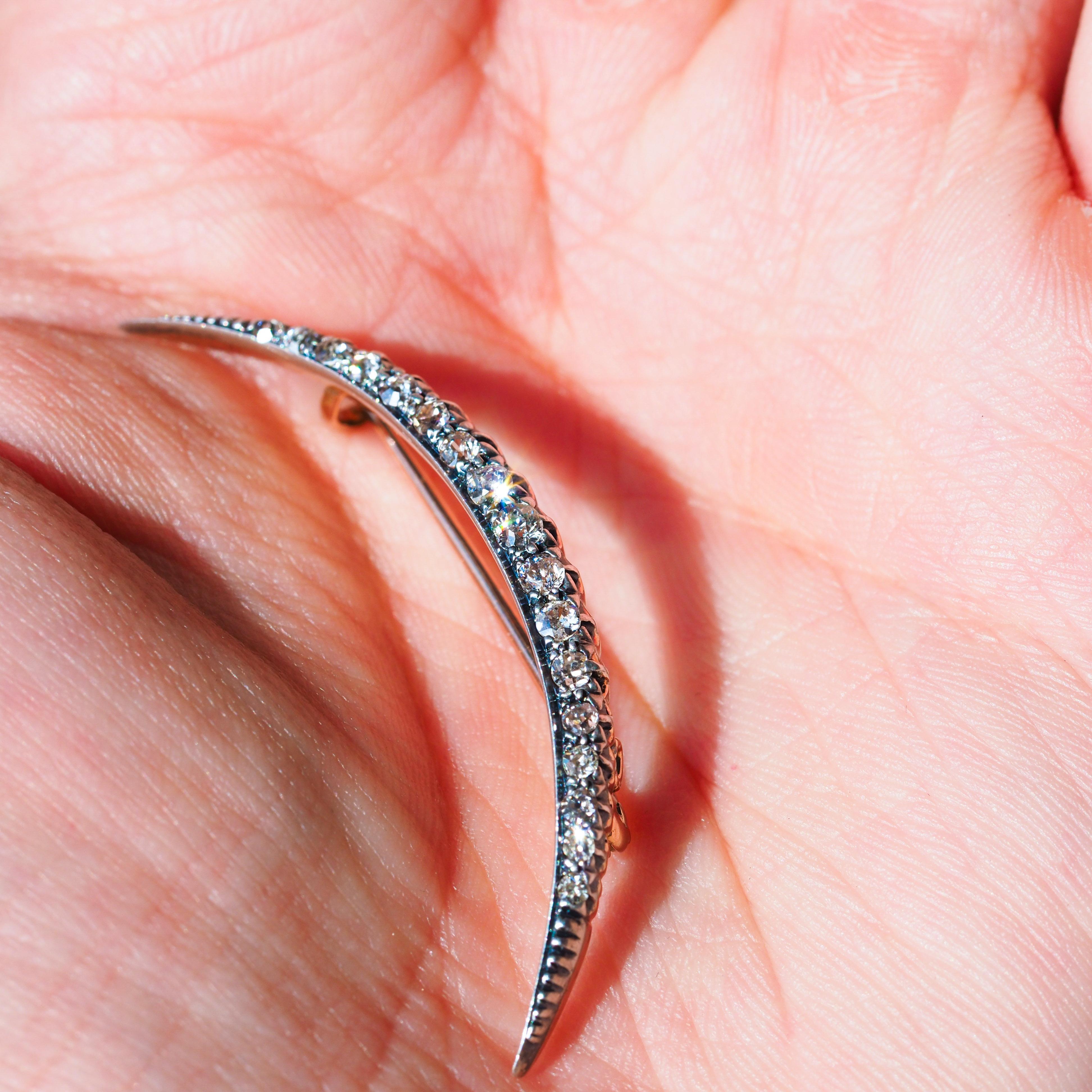 Antique Victorian Diamond Brooch Crescent 14K Gold - c.1890 For Sale 3