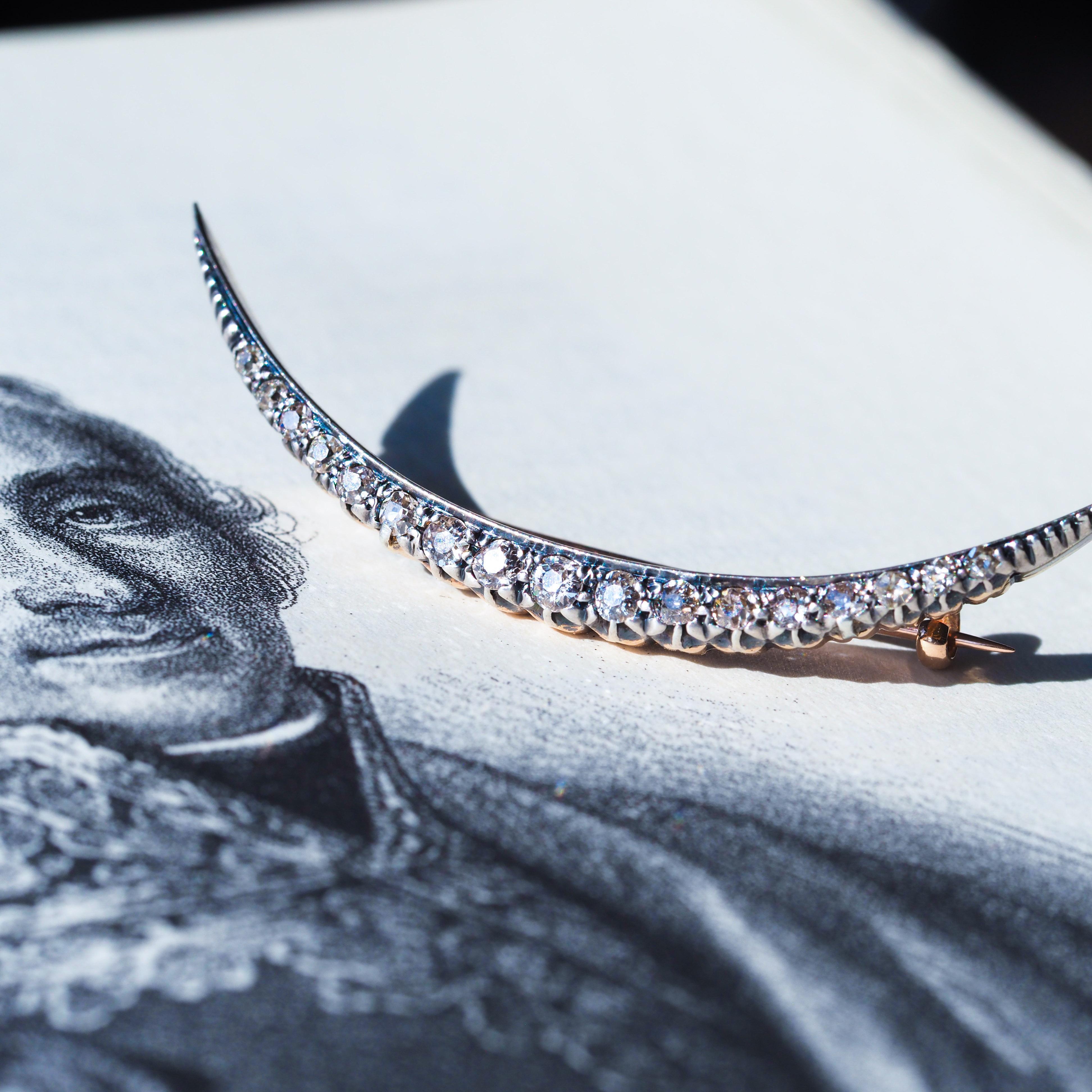 Antique Victorian Diamond Brooch Crescent 14K Gold - c.1890 For Sale 4