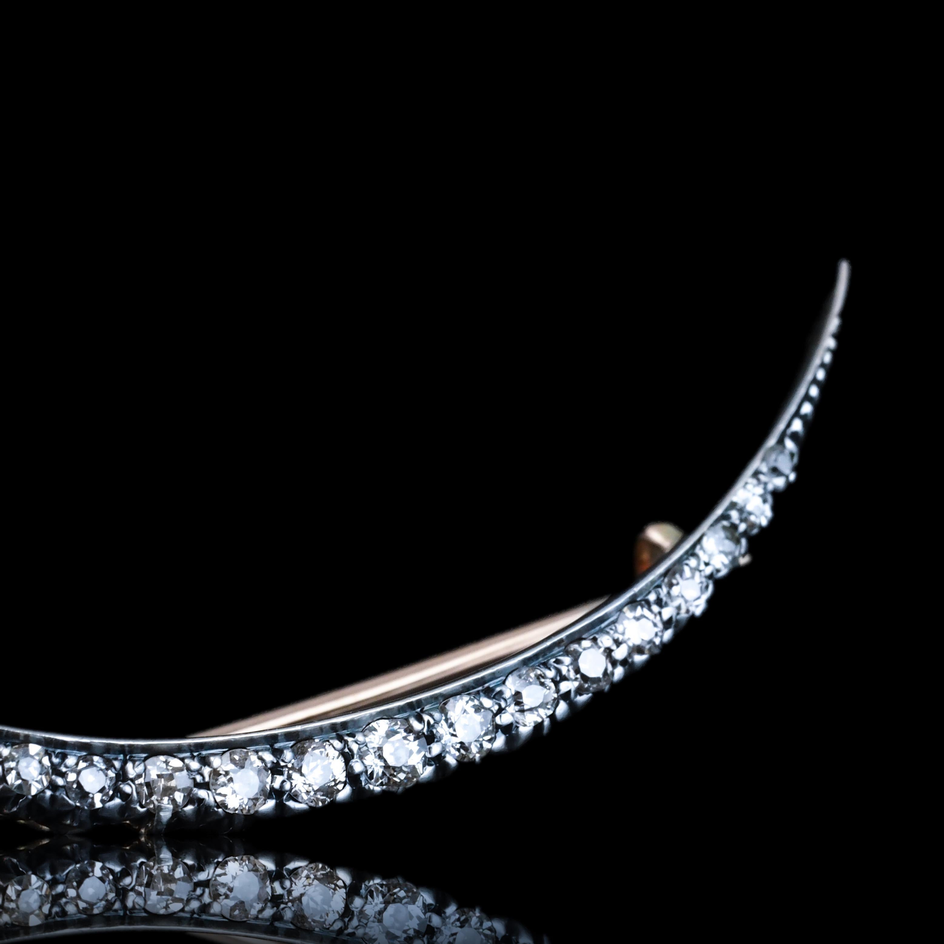 Antique Victorian Diamond Brooch Crescent 14K Gold - c.1890 For Sale 5