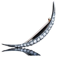 Antique Victorian Diamond Brooch Crescent 14K Gold - c.1890