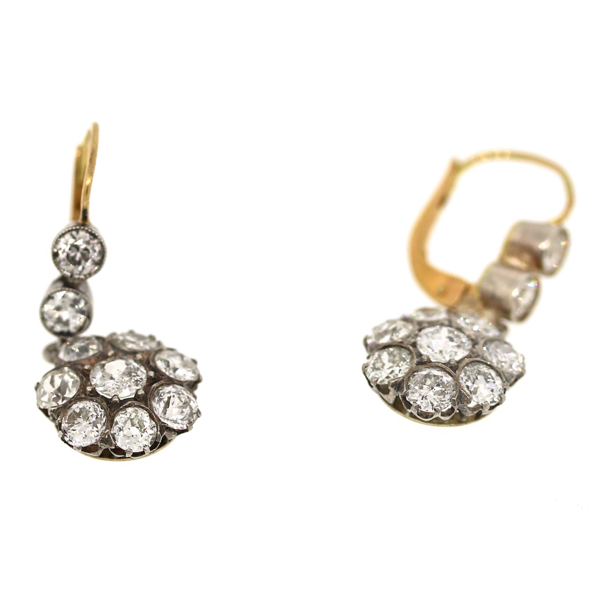 An incredible pair of diamond cluster earrings from the Victorian era.

14 kt Yellow Gold
Diamond: 2 ct twd
Old Mine Cut
Length: 1 inch