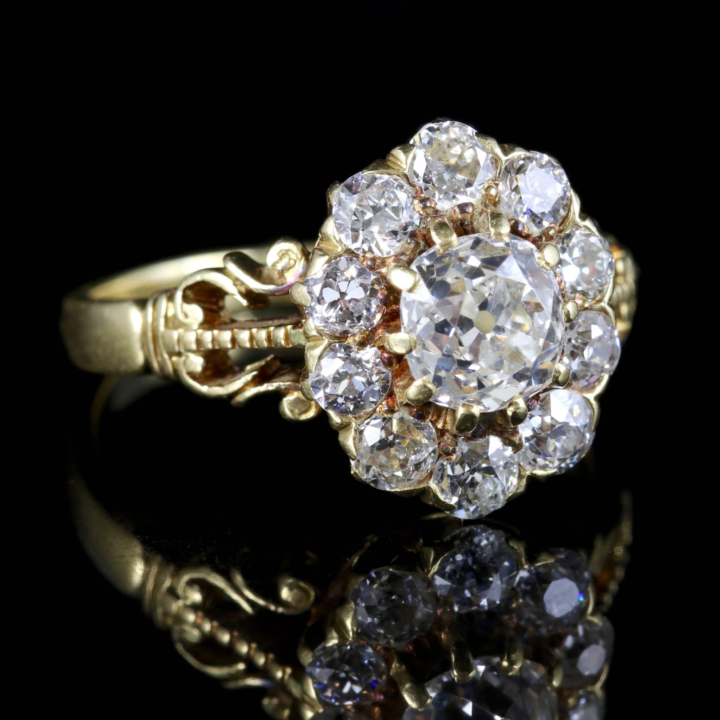 This genuine antique Victorian Diamond cluster ring is Circa 1880. 

Set with a fabulous 1ct old cut Diamond in the centre surrounded by a cluster of smaller Diamonds.

The Diamond total is 2ct and they are all original to the setting. 

The