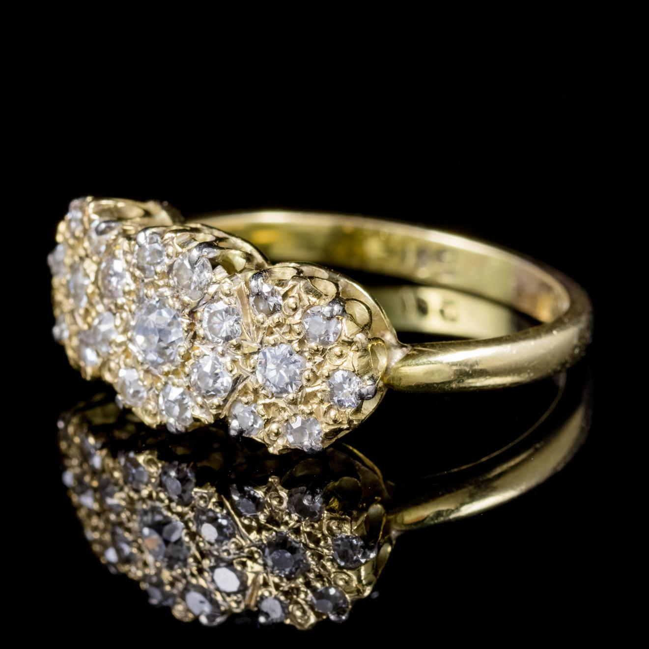 A stunning antique Victorian cluster ring C. 1900, adorned with approx. 1ct of Diamond, the largest of which is 0.10ct.

The stones are beautiful VS1/ SI1 clarity – H colour Diamonds and sparkle beautifully across the trilogy gallery. 

Diamonds