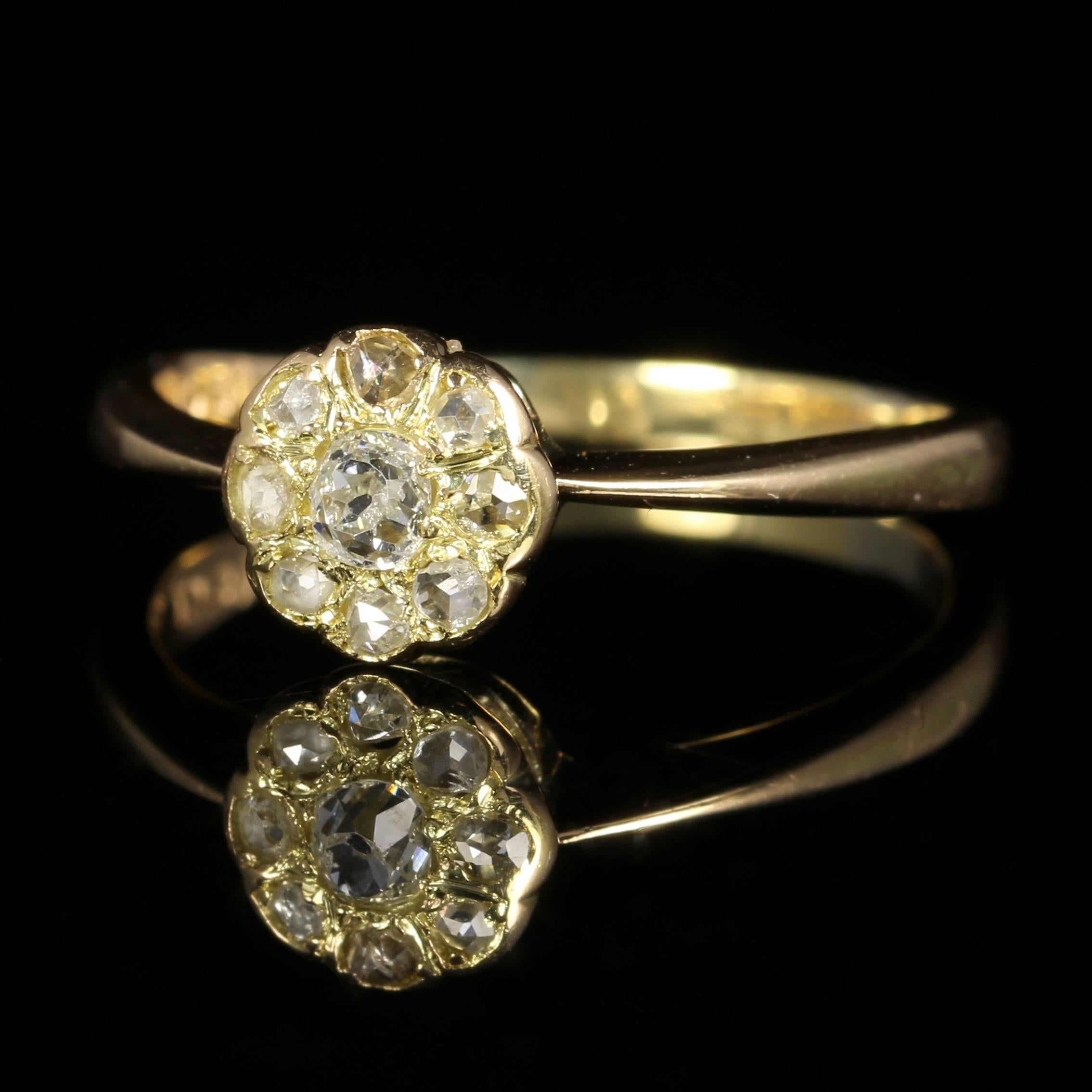 For more details please click continue reading down below...

This fabulous antique Victorian old cushion cut Diamond cluster ring is Circa 1880.

Set in 18ct Yellow Gold all round.

The centre old cushion cut Diamond is 0.15ct surrounded by a halo