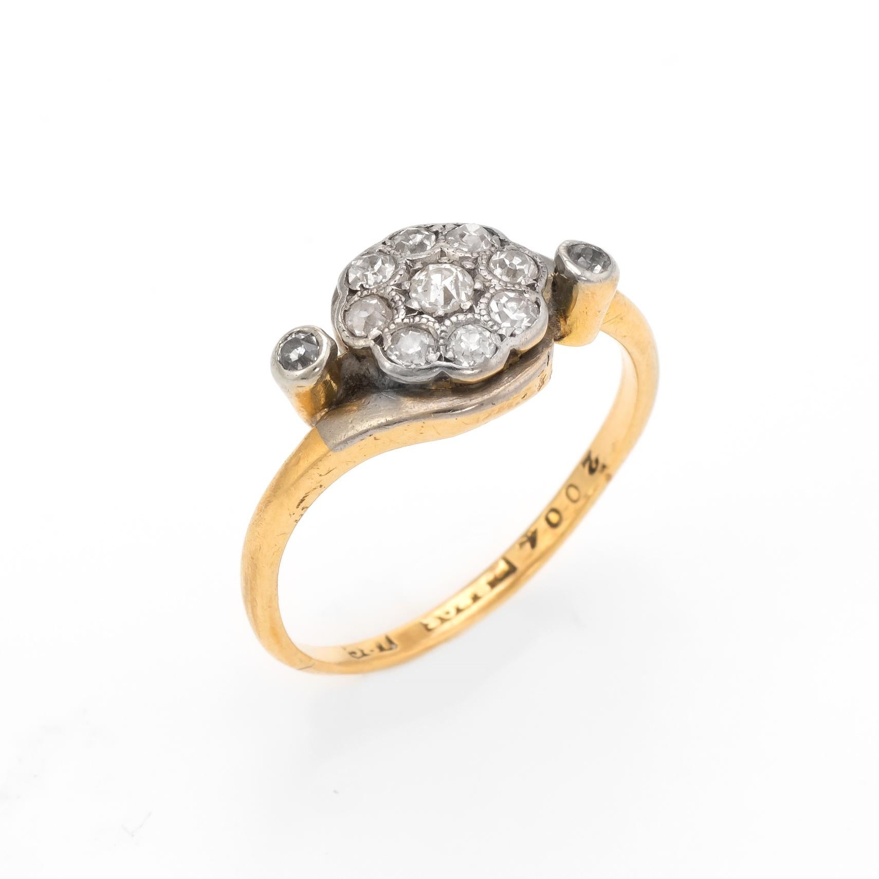 Finely detailed antique Victorian diamond cluster ring set with old mine cut diamonds (circa 1880s to 1900s), crafted in 18 karat yellow & gold and 900 platinum. 

The old mine cut diamonds graduate in size from the center (estimated at 0.05 carats)
