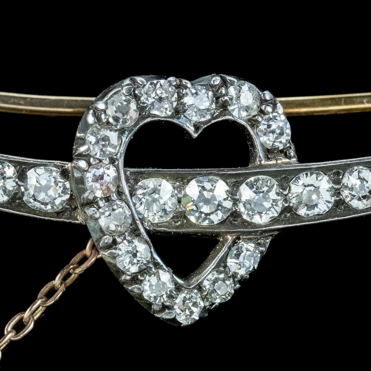 Women's Antique Victorian Diamond Crescent Heart Brooch 2.5ct of Diamond with Box For Sale