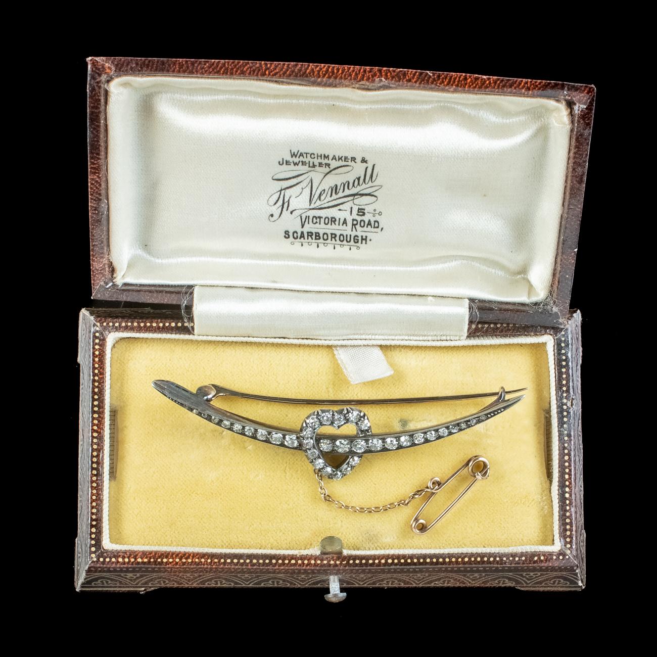 Antique Victorian Diamond Crescent Heart Brooch 2.5ct of Diamond with Box For Sale 3