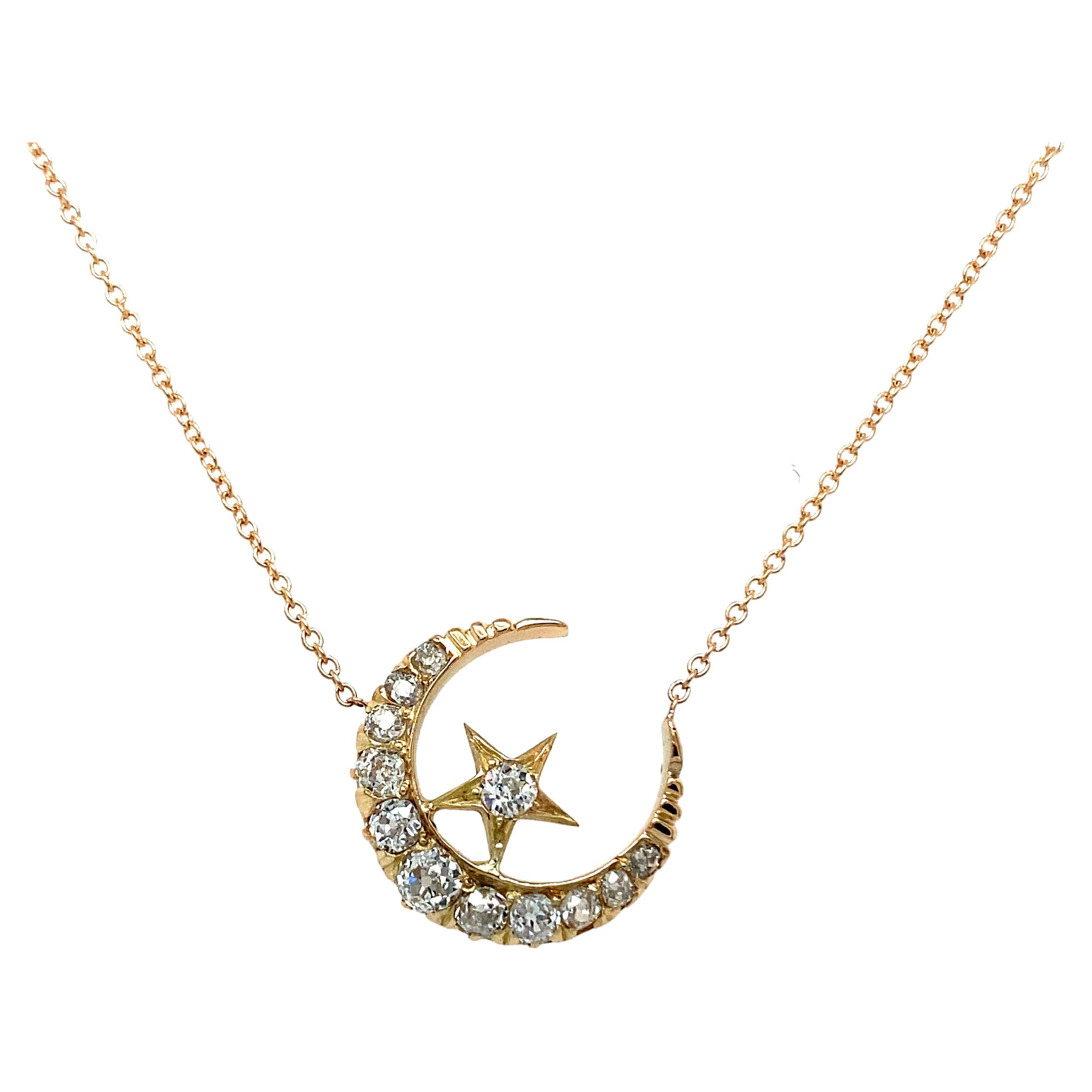 Antique Victorian Diamond Crescent Moon with Star Necklace in Solid Rose Gold