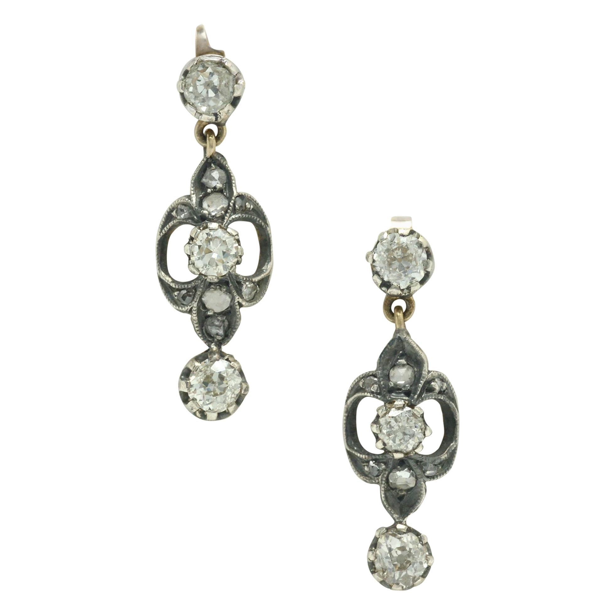 Antique Victorian Diamond Drop Dangle Earrings 3-Stone 2-Tone Gold Silver