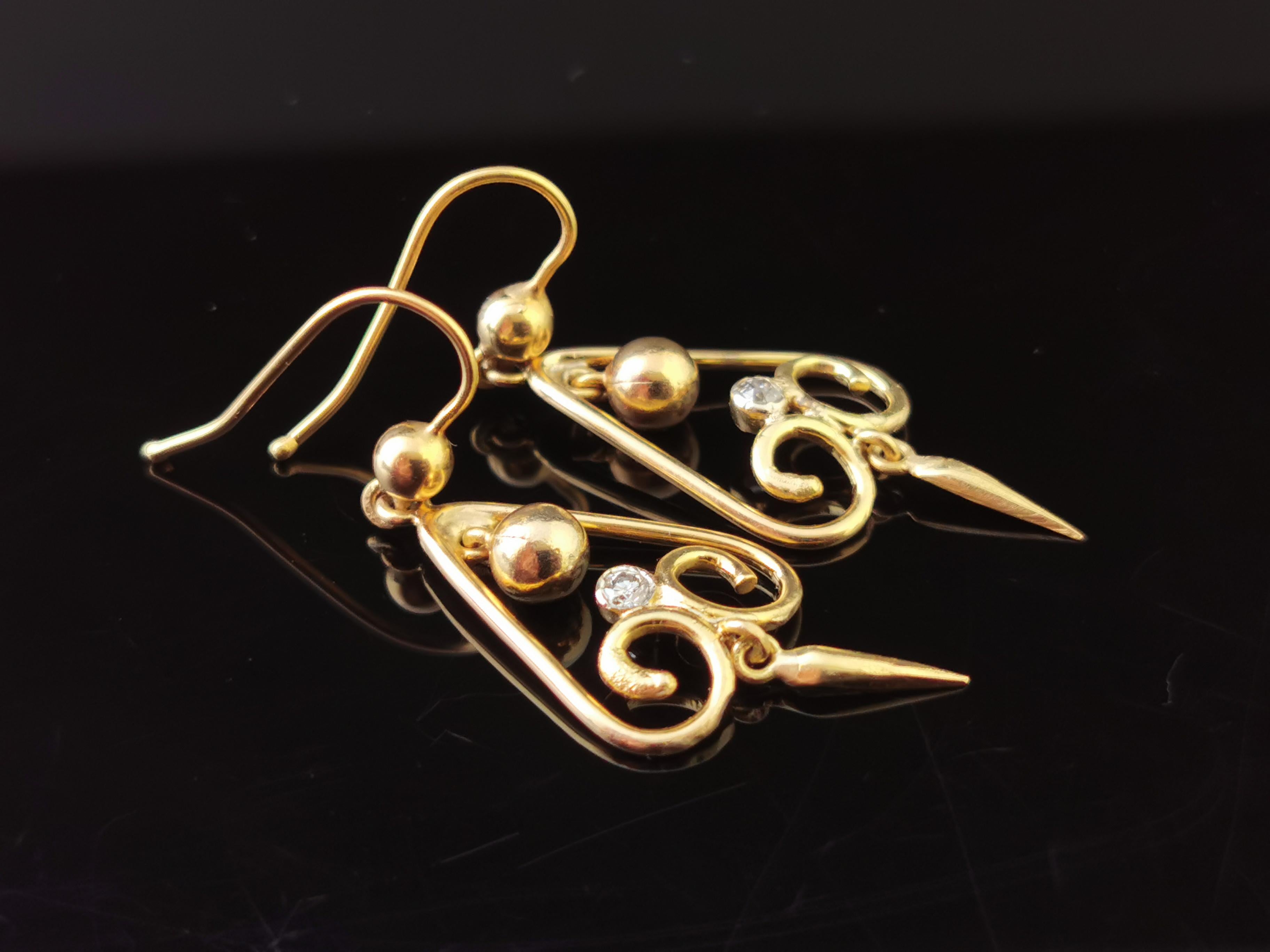 Antique Victorian Diamond Drop Earrings, 15ct Yellow Gold, Dangly Earrings 7