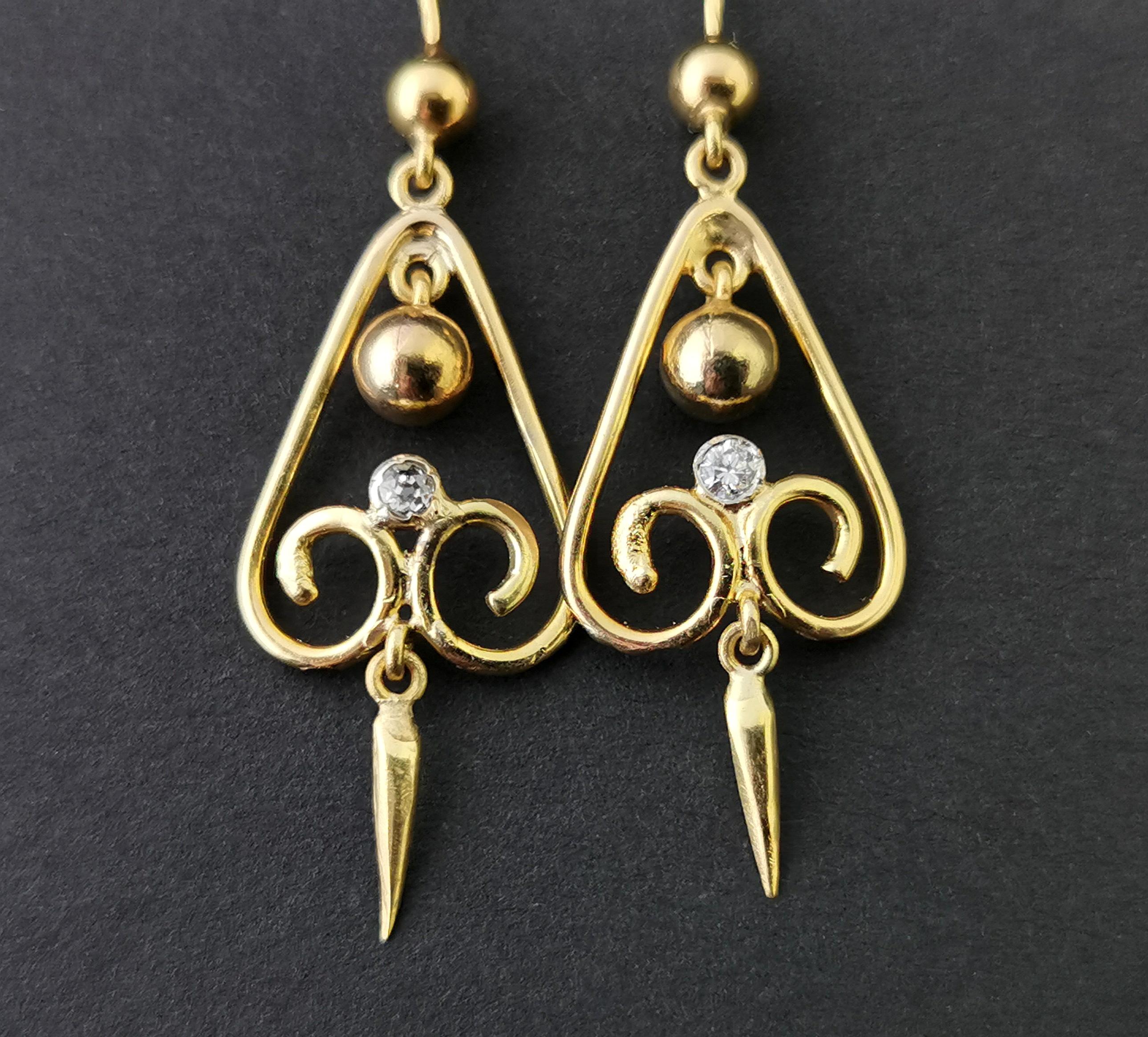 Round Cut Antique Victorian Diamond Drop Earrings, 15ct Yellow Gold, Dangly Earrings