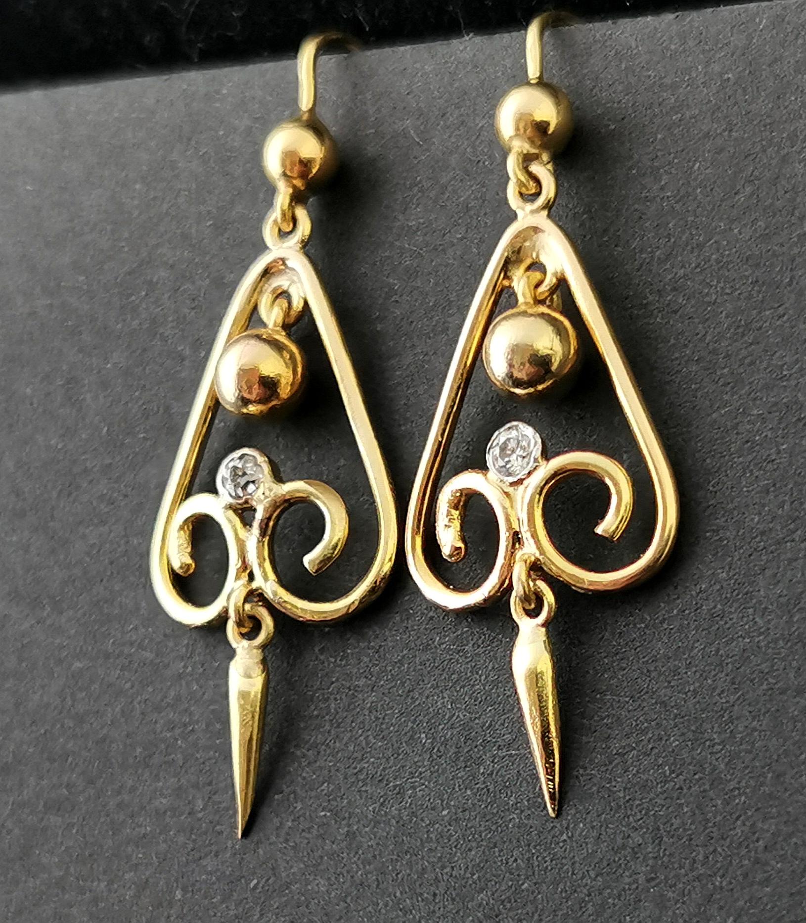 Women's Antique Victorian Diamond Drop Earrings, 15ct Yellow Gold, Dangly Earrings