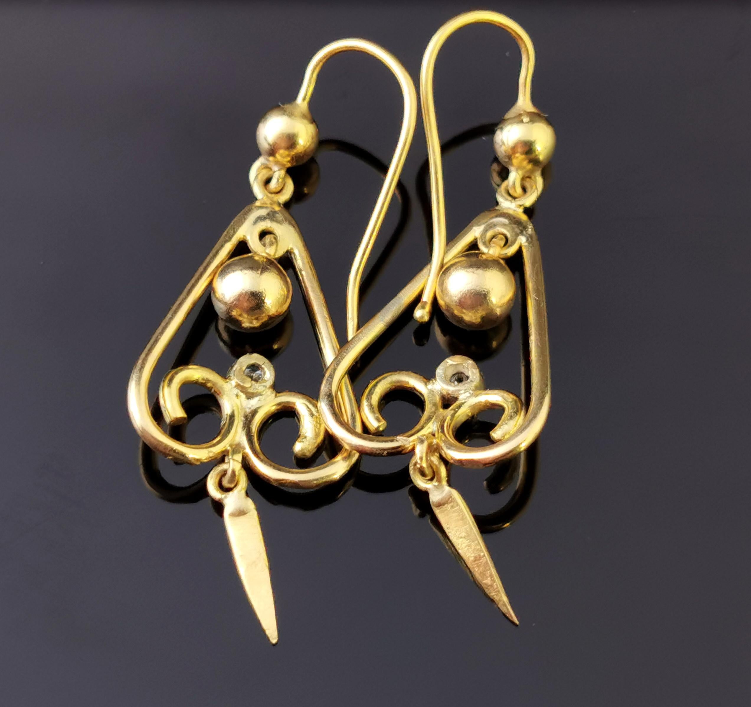 Antique Victorian Diamond Drop Earrings, 15ct Yellow Gold, Dangly Earrings 1