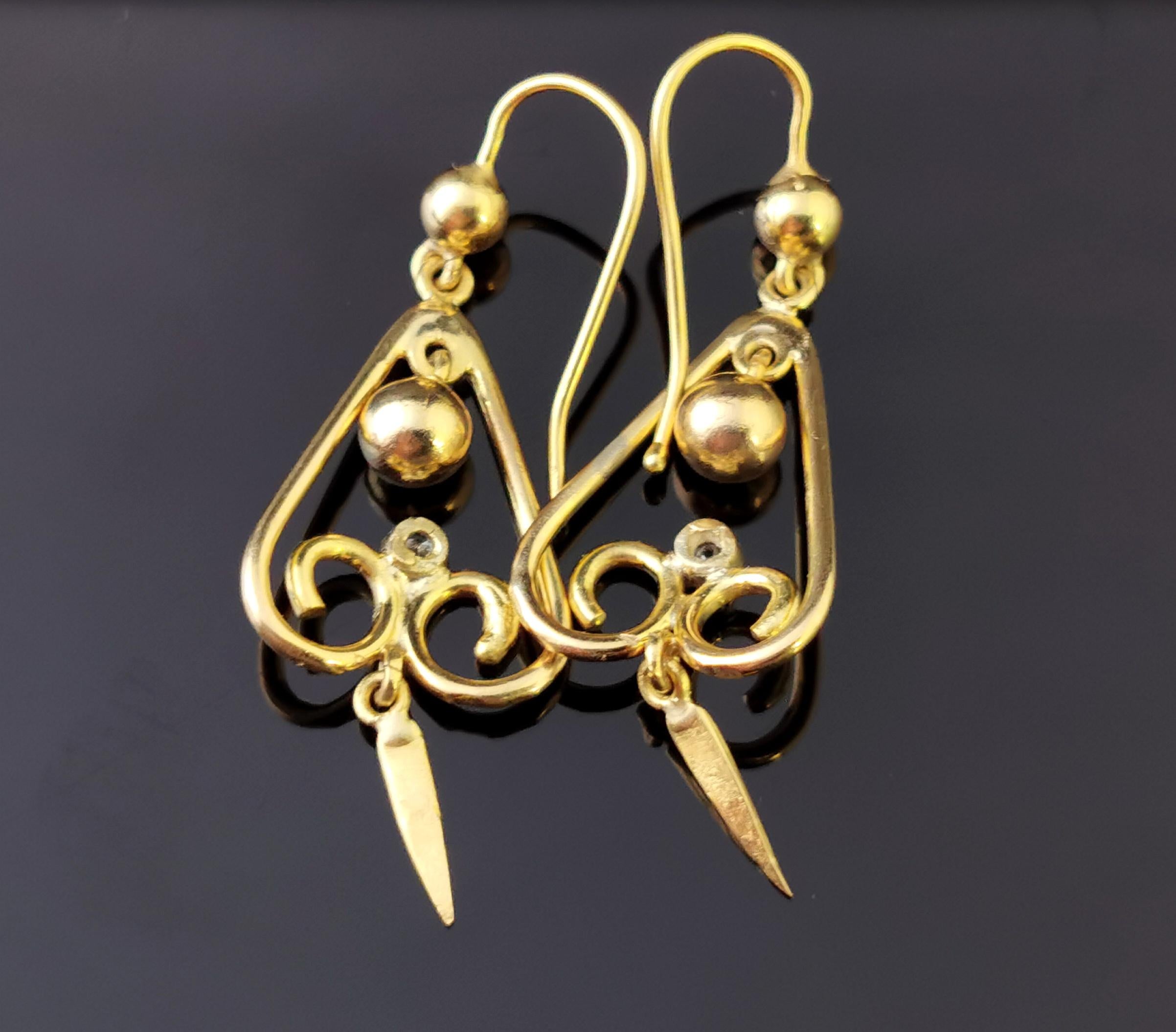 Antique Victorian Diamond Drop Earrings, 15ct Yellow Gold, Dangly Earrings 2