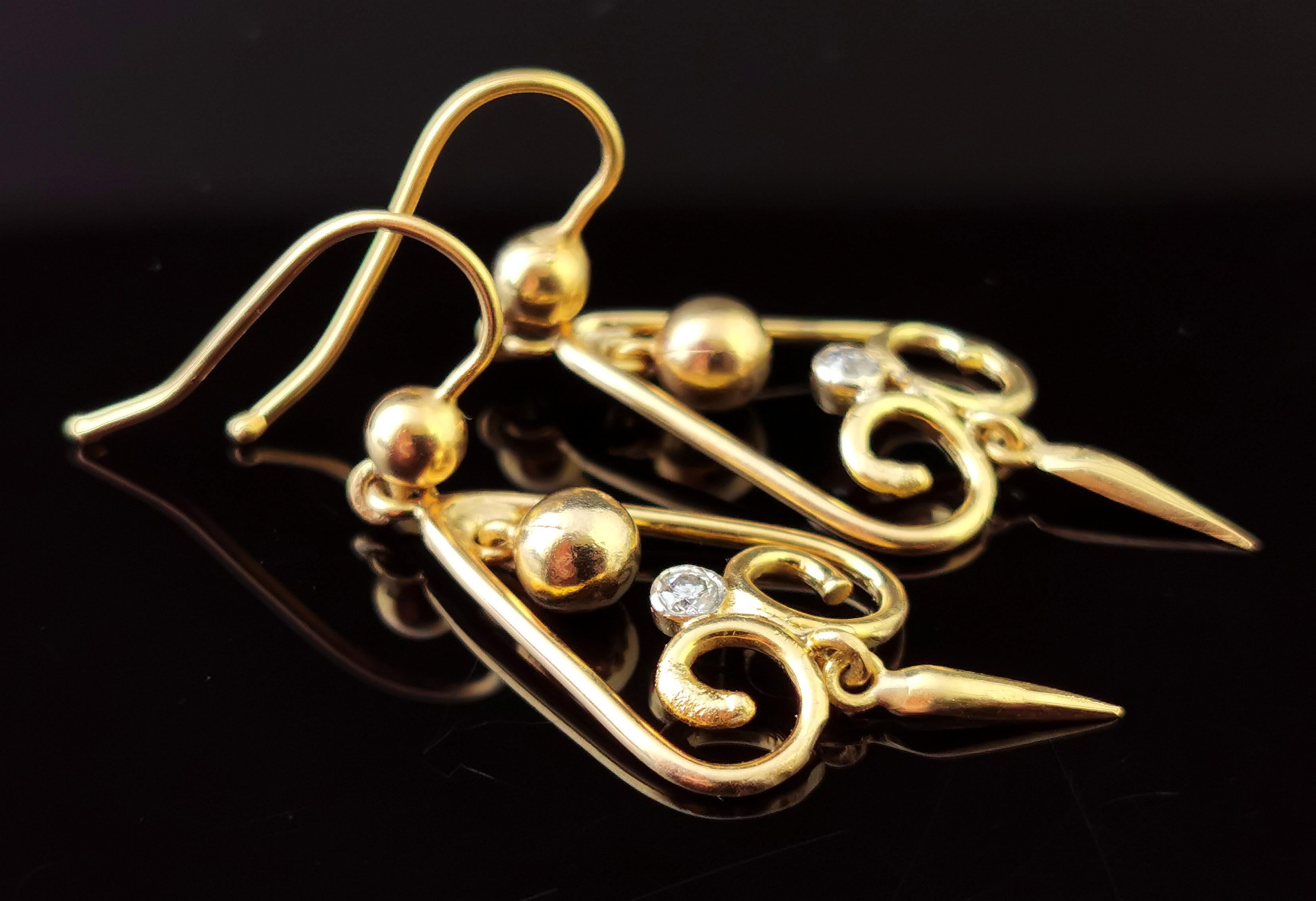 Antique Victorian Diamond Drop Earrings, 15ct Yellow Gold, Dangly Earrings 4