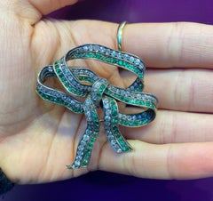 Antique Victorian Diamond & Emerald Bow Brooch