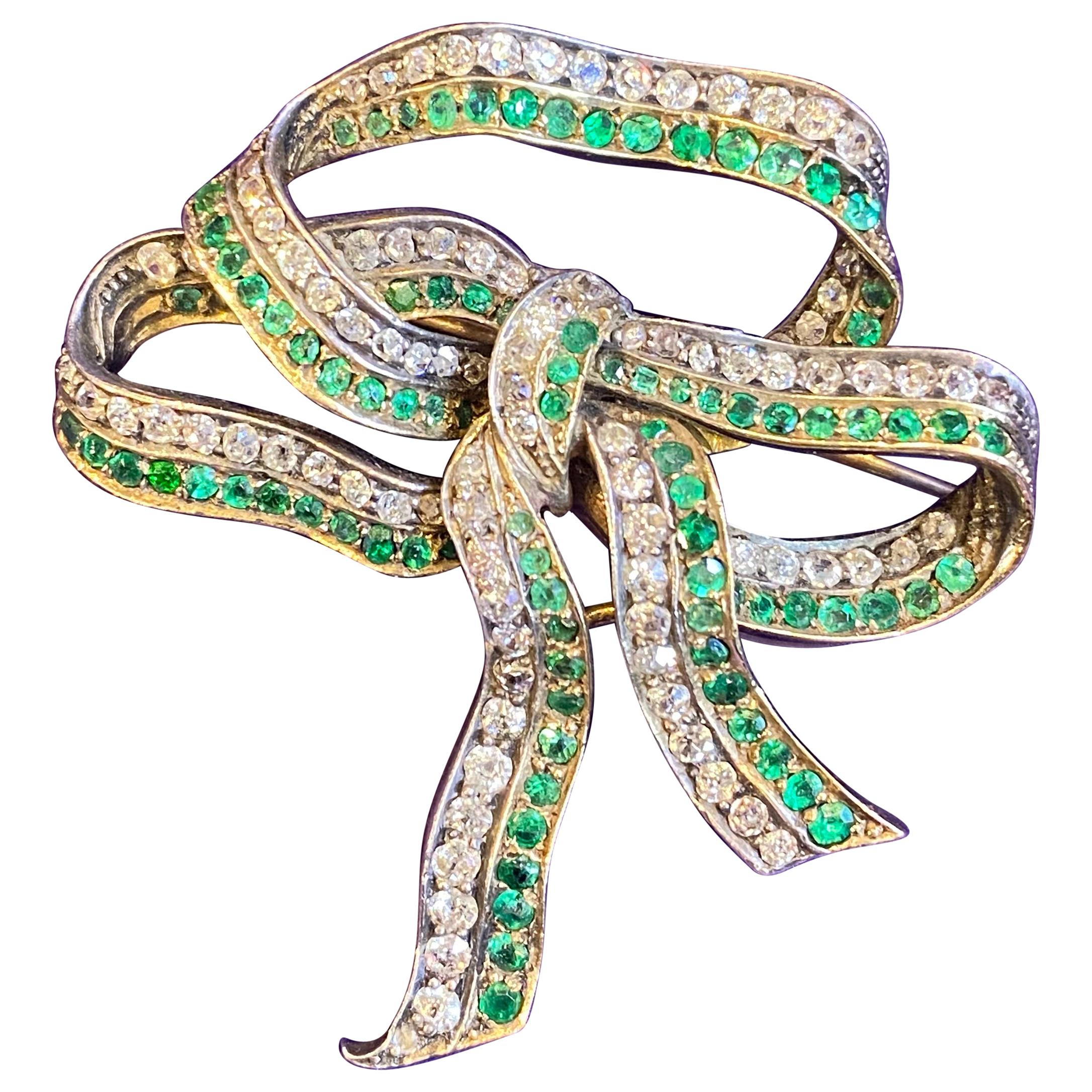 Antique Victorian Diamond & Emerald Bow Brooch For Sale