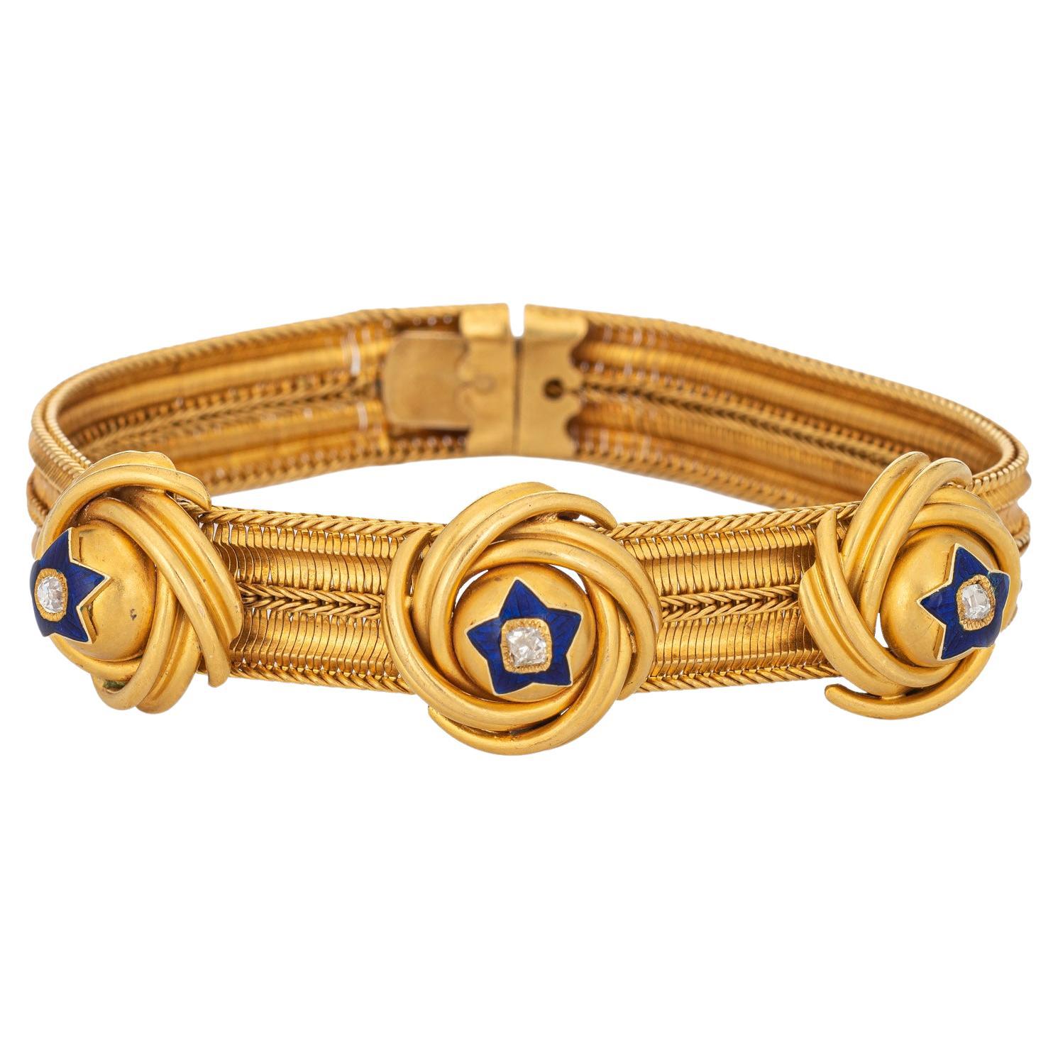 Bracelet victorien ancien en or jaune 14 carats avec diamants et émail, bijoux à nœuds infinis