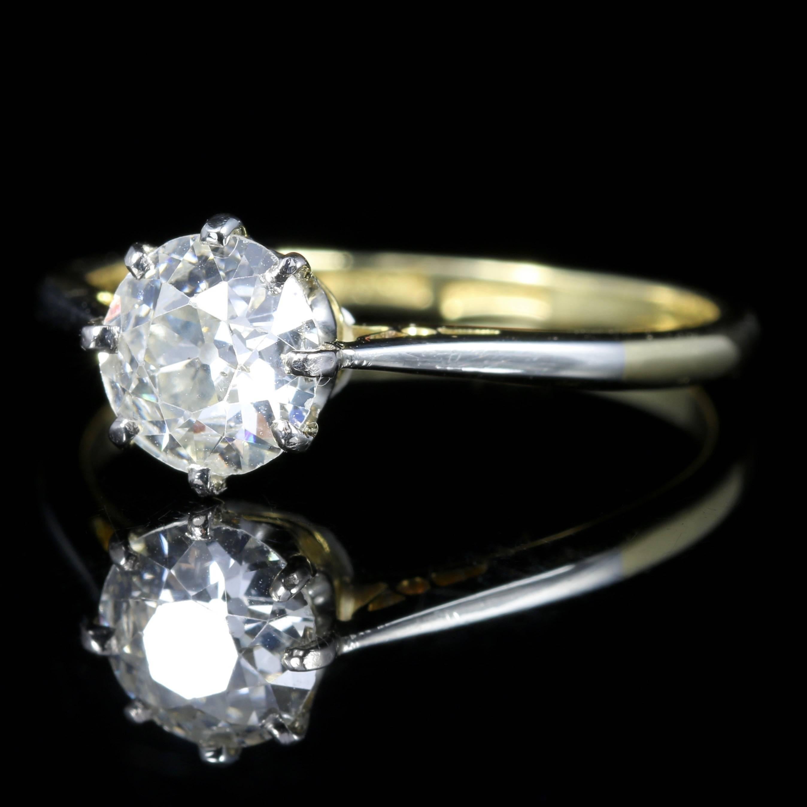 For more details please click continue reading down below...

This fabulous Antique Victorian solitaire ring is set with a lovely 1.30ct old cut Diamond.

The lovely old brilliant cut Diamond adorns this 18ct Yellow Gold and Platinum gallery.

The