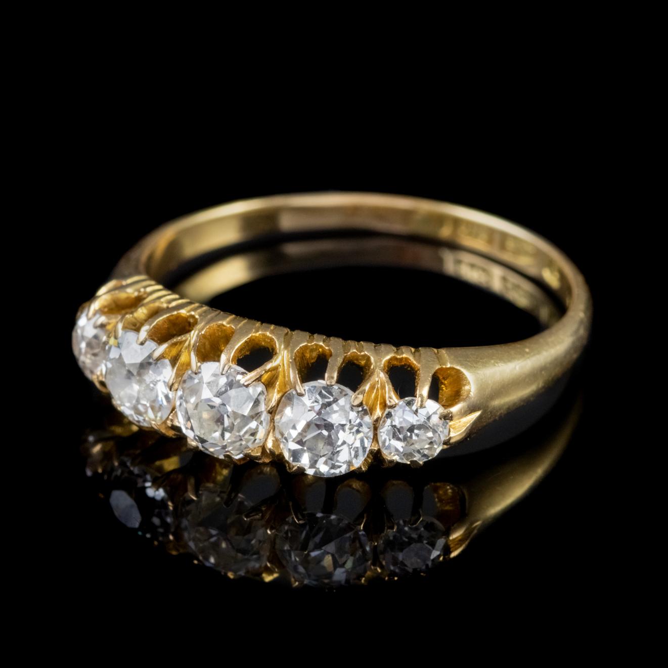 Victorian Diamond Five-Stone Ring 1.10 Carat of Diamond 18 Carat Gold Dated 1892 In Good Condition For Sale In Lancaster, Lancashire
