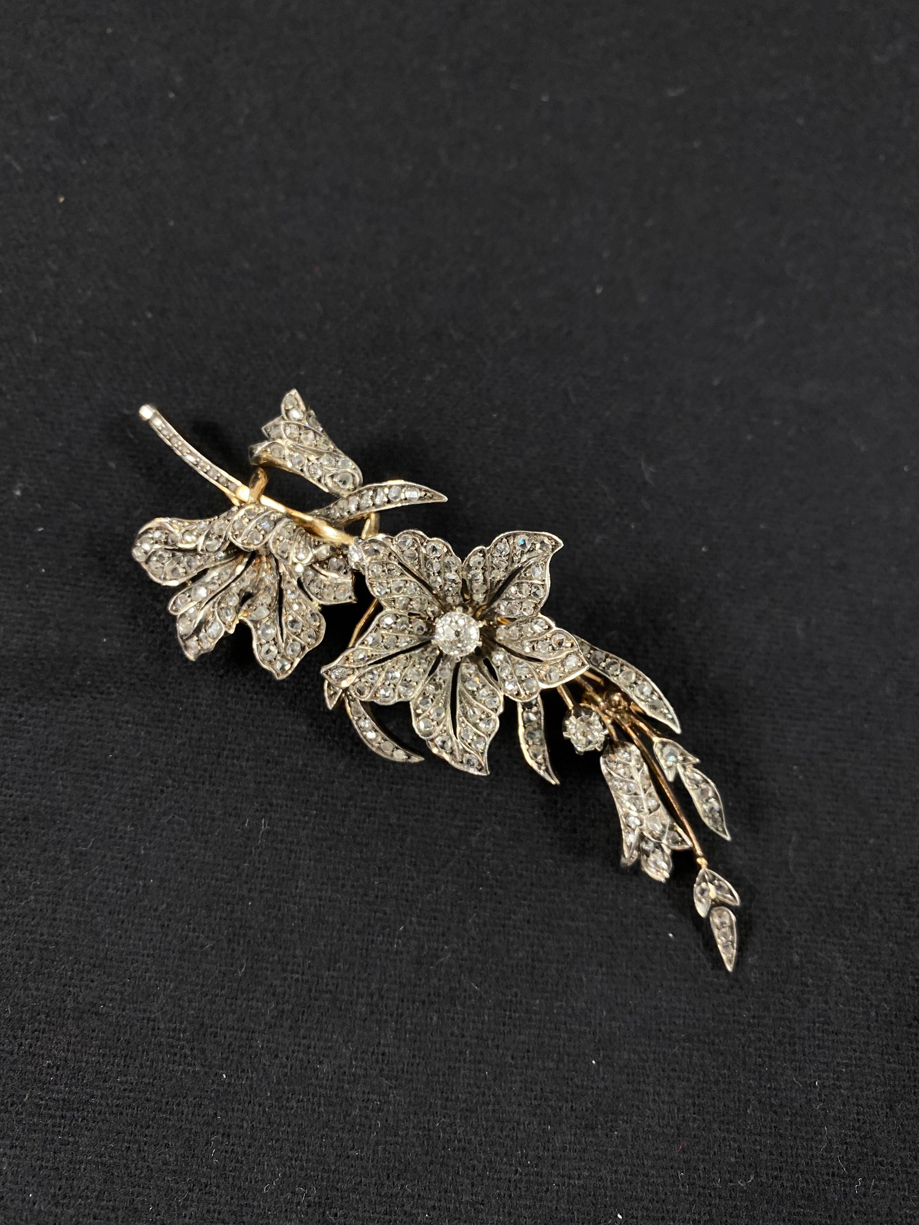 Antique Victorian Diamond Floral Foliate Spray Brooch Silver Gold 19th Century 9