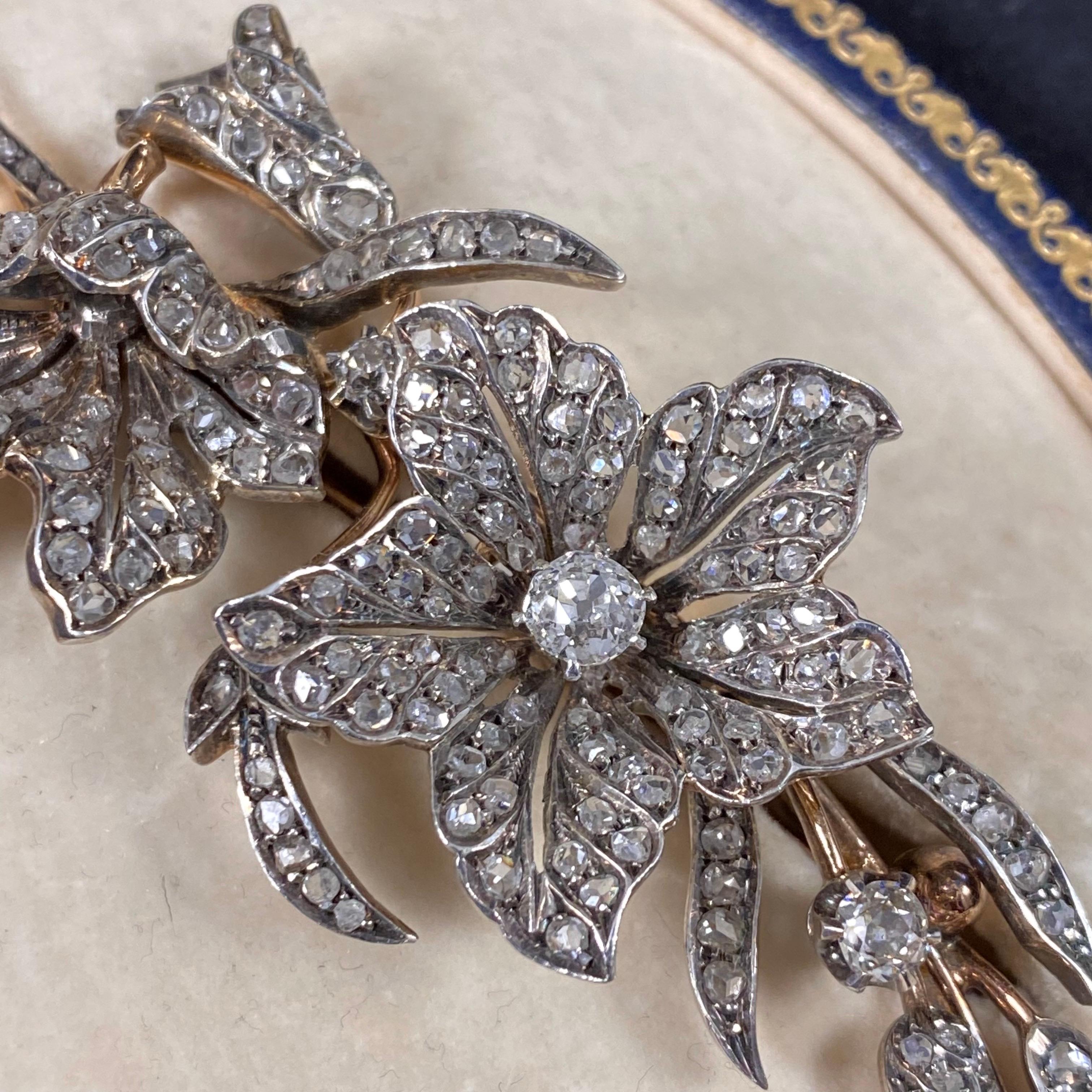 Antique Victorian Diamond Floral Foliate Spray Brooch Silver Gold 19th Century In Good Condition In Lisbon, PT