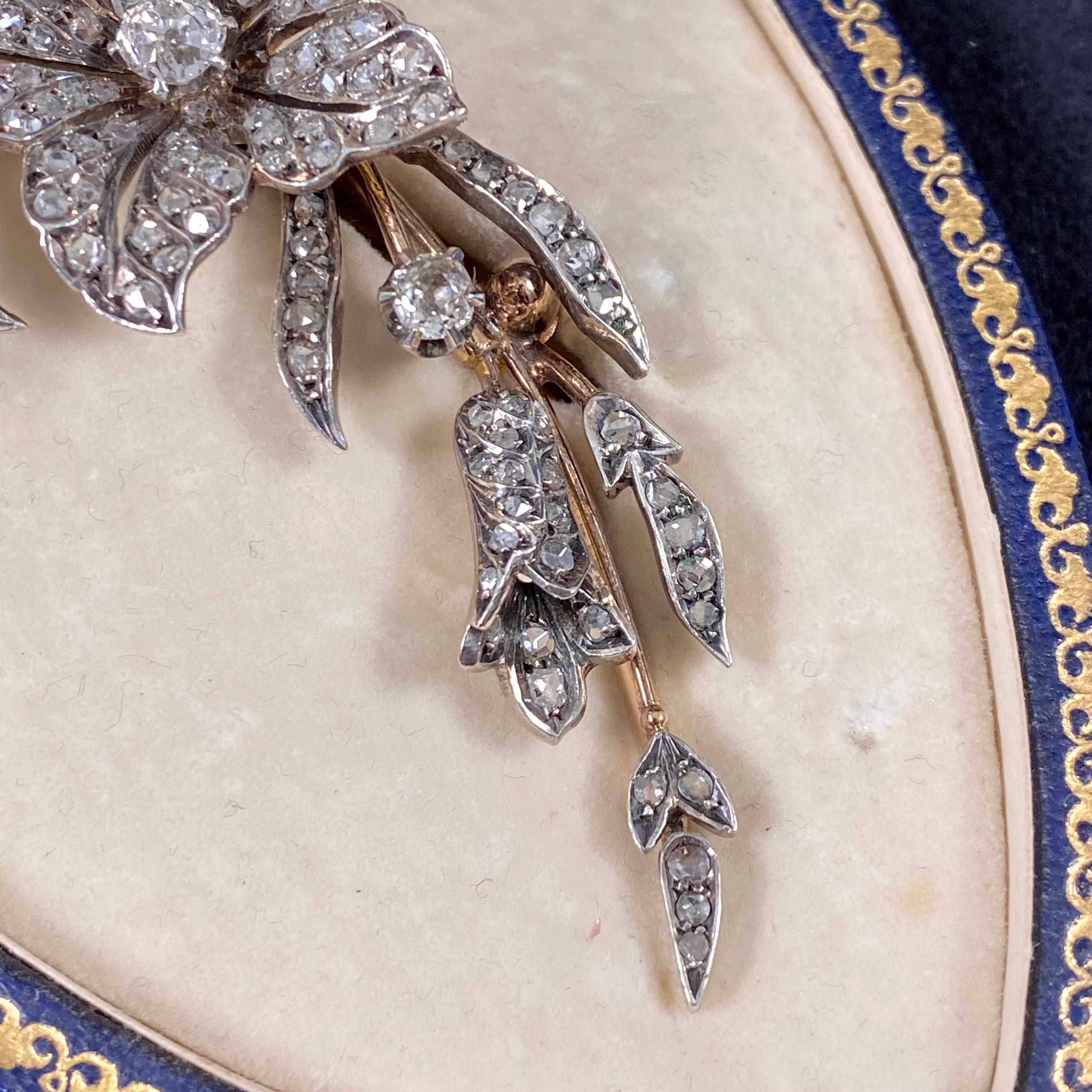 Women's or Men's Antique Victorian Diamond Floral Foliate Spray Brooch Silver Gold 19th Century