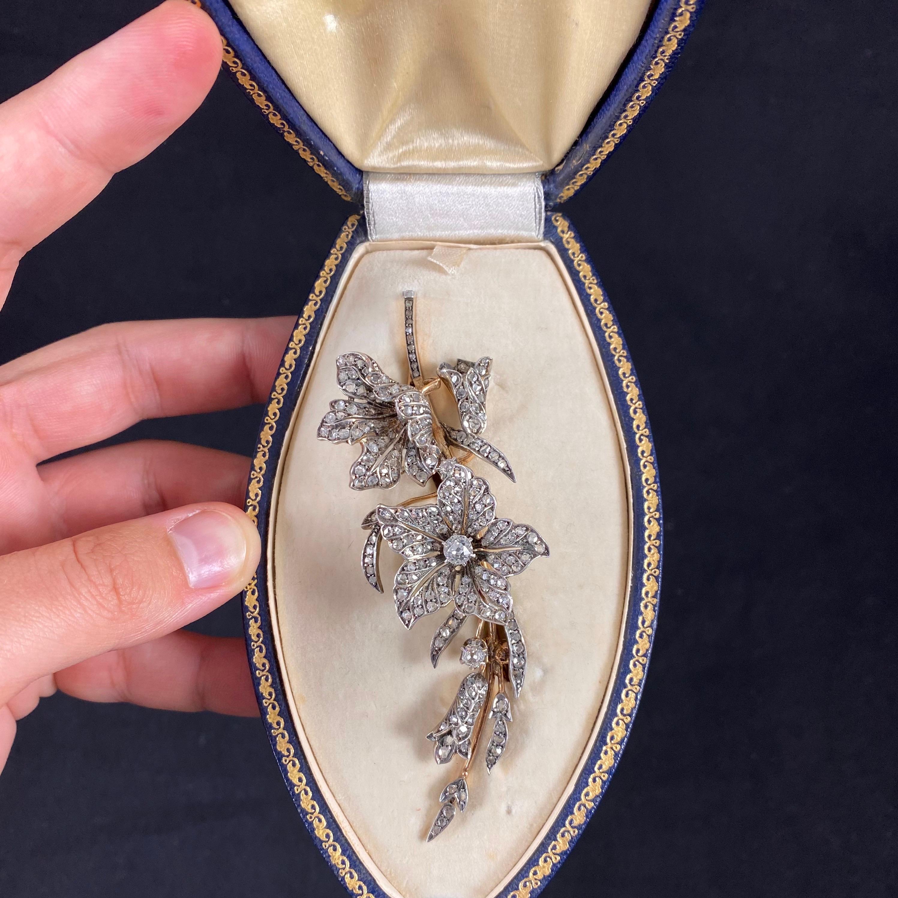 Antique Victorian Diamond Floral Foliate Spray Brooch Silver Gold 19th Century 2