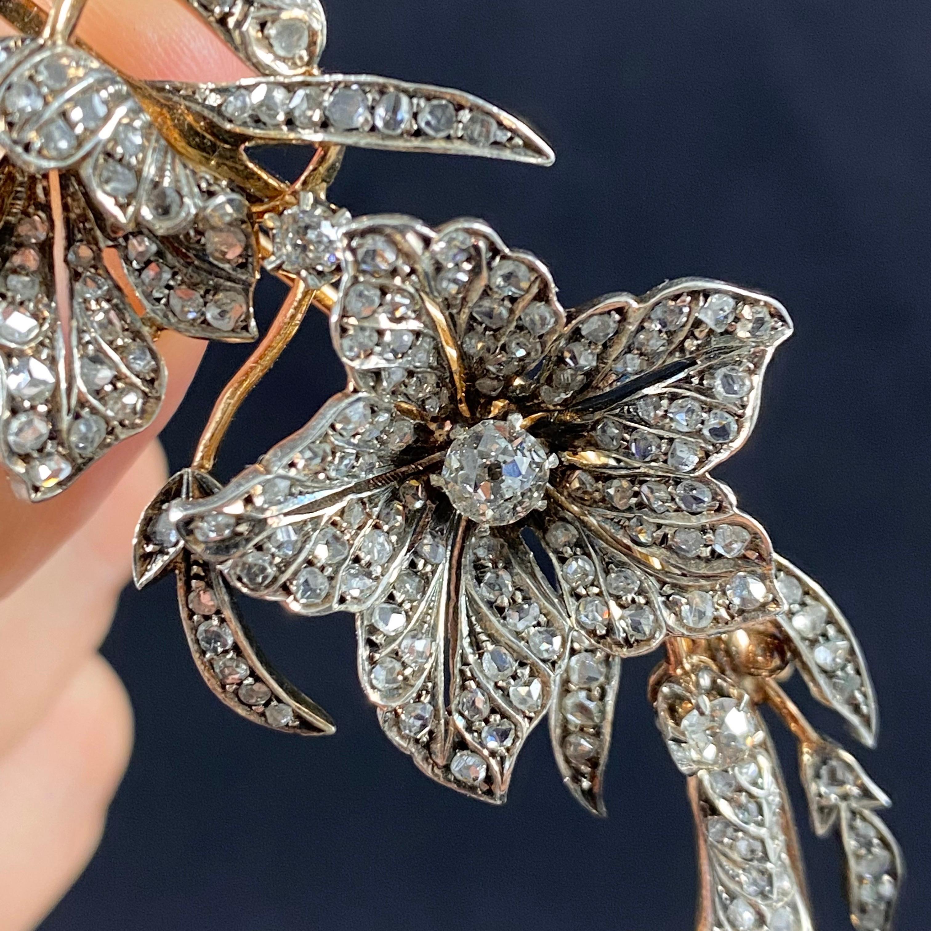 Antique Victorian Diamond Floral Foliate Spray Brooch Silver Gold 19th Century 4