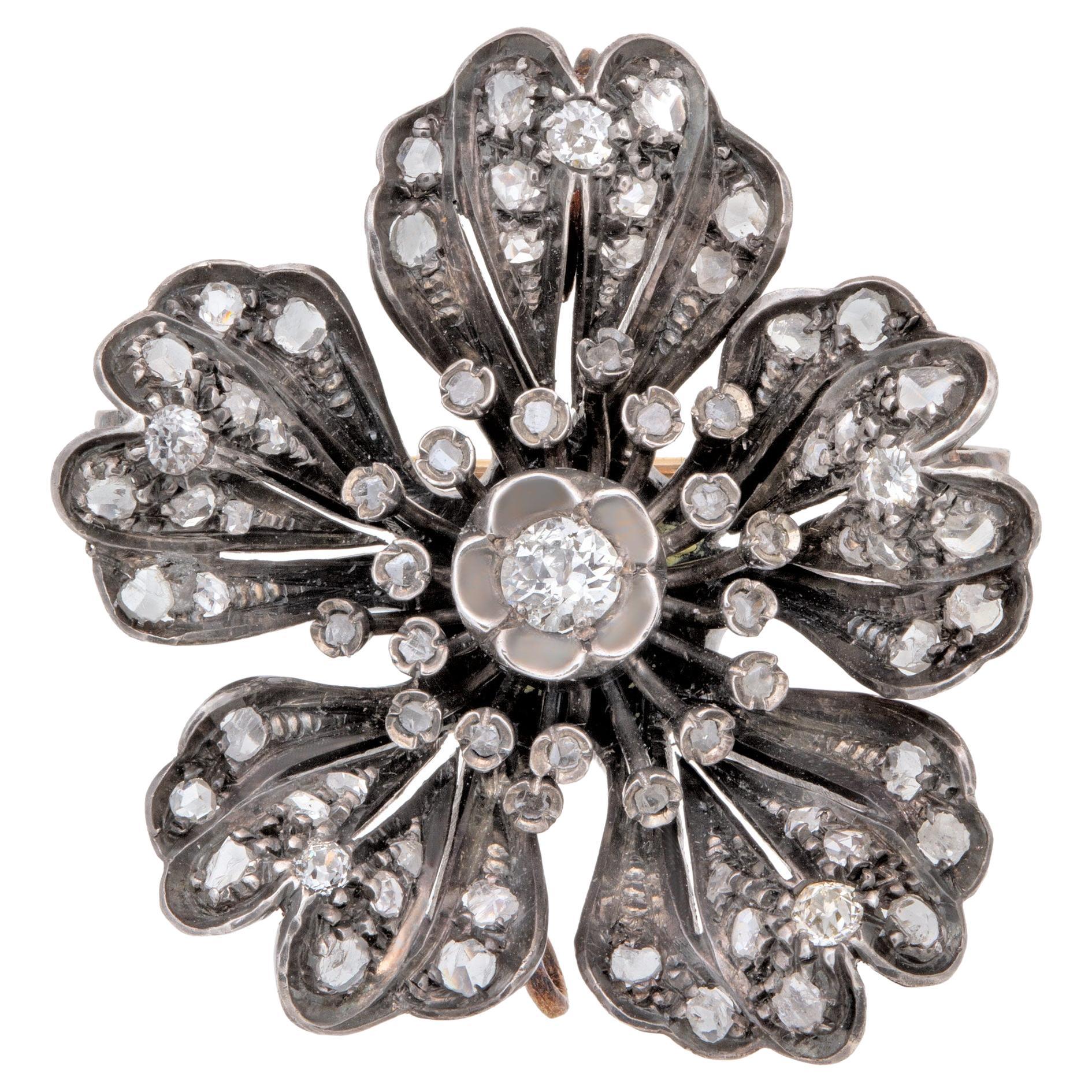 Antique Victorian Diamond Flower Brooch For Sale