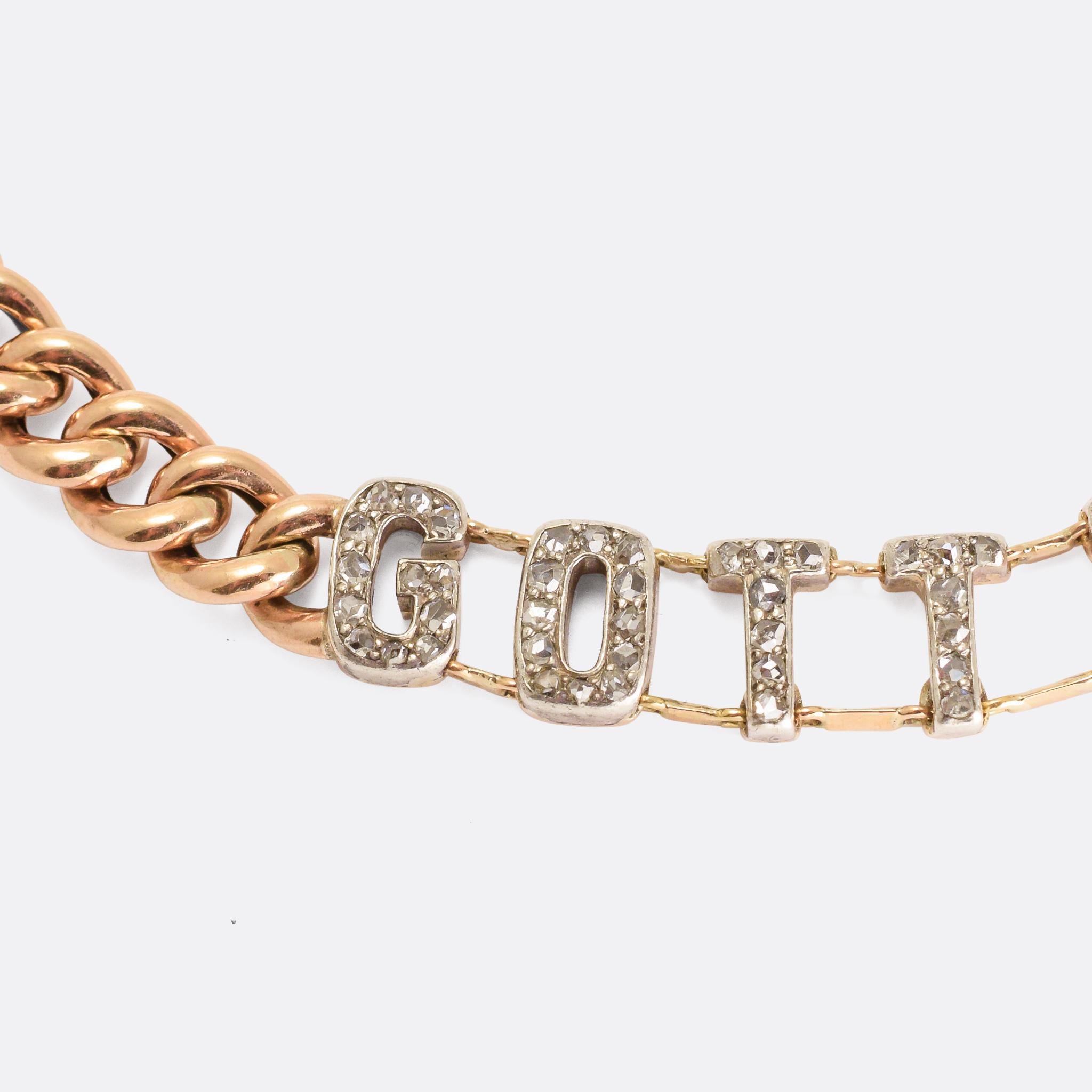 An excellent antique curb-link necklace featuring the diamond-set words GOT MIT DIR, German for God Be With You! It was made in England in the latter half of the 19th Century, circa 1880, modelled in 9 karat gold throughout.

STONES
Rose cut